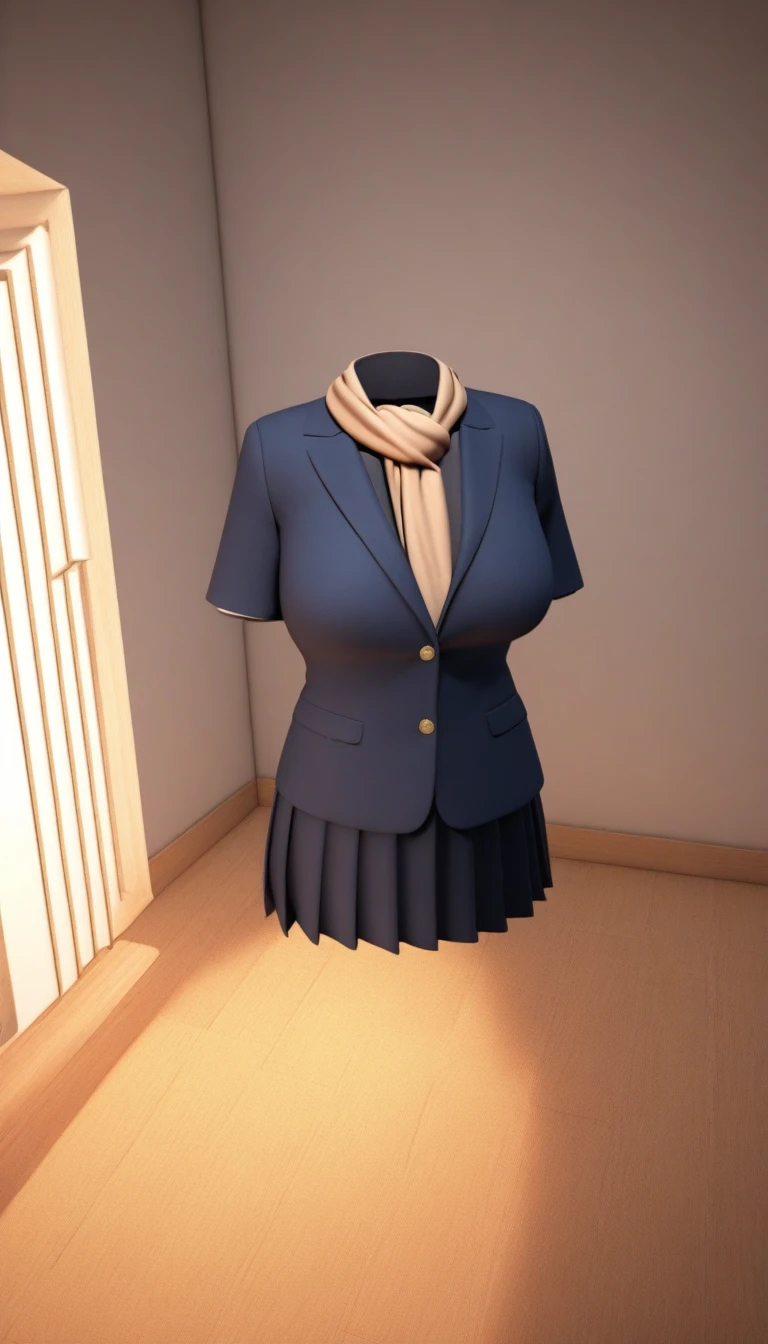 A detailed 3D rendering of a sailor Japanese school uniform floating without a body. The outfit includes a navy blue pleated skirt and a matching blazer with a sailor collar, very big boob,accented by a beige scarf tied at the chest. The scene is set in a cozy, well-lit Japanese-style living room with wooden flooring, soft lighting, and family photos on the wall. There is a modern air conditioning unit on the wall and a bookshelf in the background."