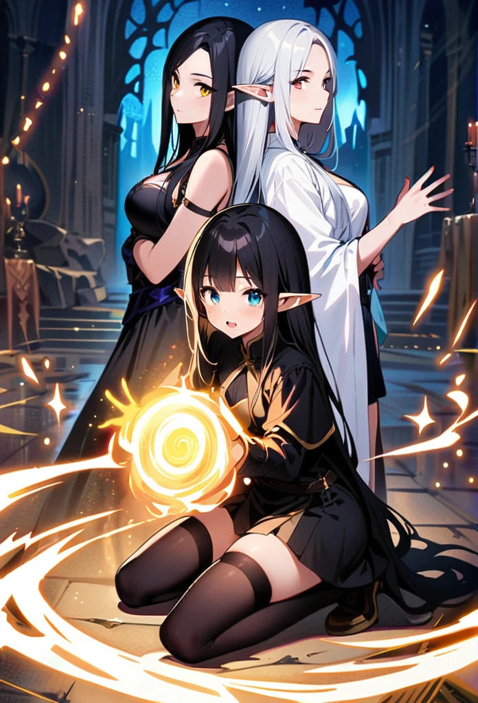 Dark Elf, 2girls, pointy ears, thighhighs, long hair, kneeling, black hair, looking at viewer, white hair, magic movie scene，fantasy，magic