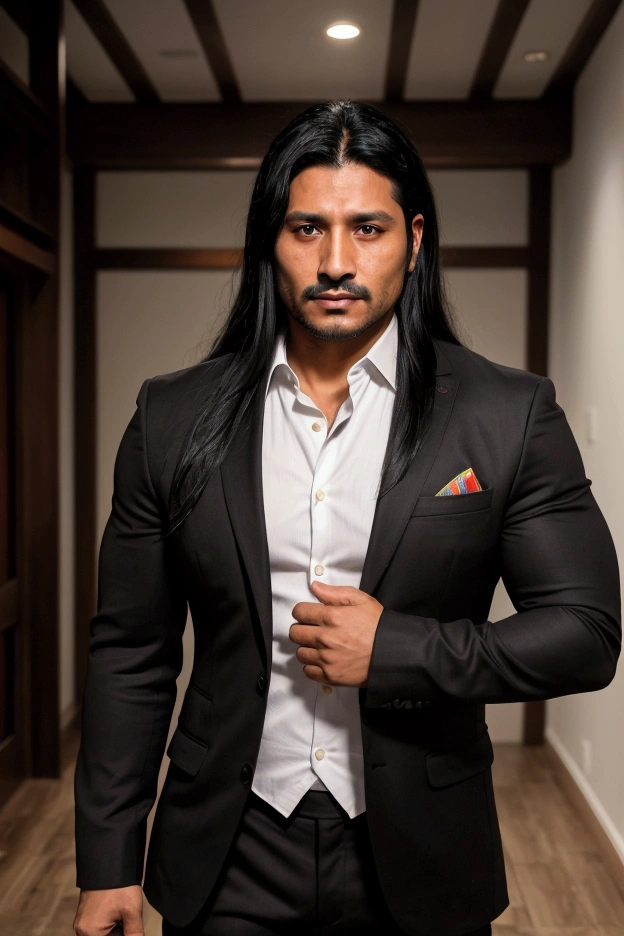 a Native American Indian man with an athletic body, exibindo uma distintiva cicatriz na parte superior do olho direito. He dresses elegantly and incorporates elements of a mafia style., like a tailored suit and signature accessories. Explore nuances that highlight the unique fusion of these characteristics, Highlighting Facial Expressions, posture and background elements that contribute to this composition.