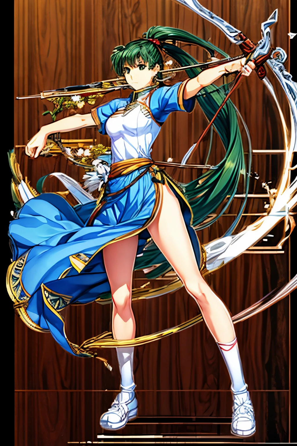 Olympic, archery,　Lindis, perfect female body, front, archeryの服装、Holding a bow, standing,