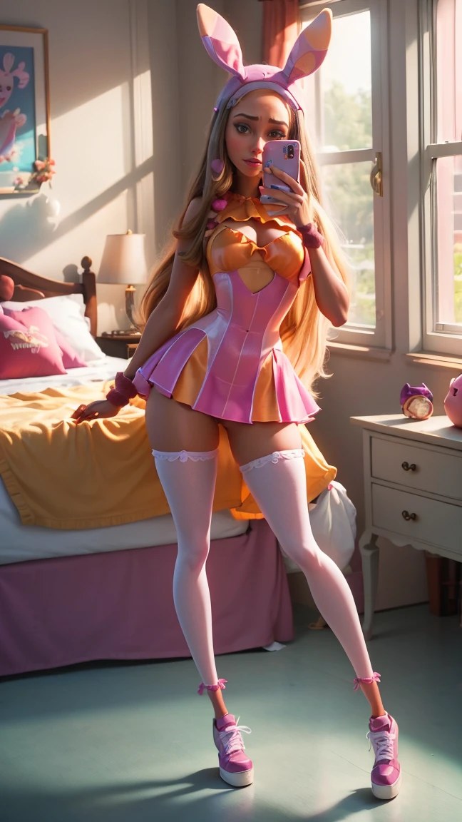 Princess Peach, blue eyes, stunning proportions, white background, long hair, extremely detailed, full body shot, pink thighhighs, sweating, wet, blush, (frills, pink dress, cum), dripping, small breasts, soft, white garter belt, spread legs, vagina, inviting