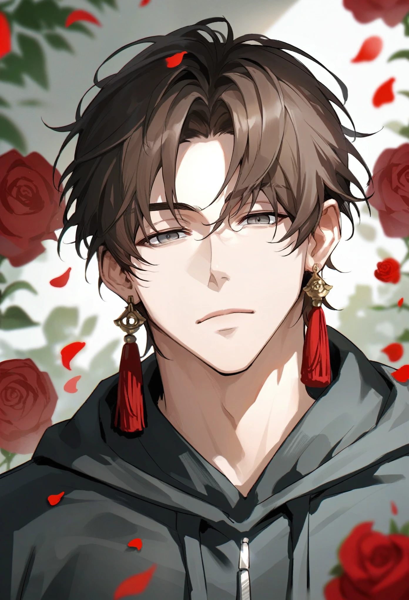 muksal,1boy,grey eyes,brown hair,tassel earring,closed mouth,expressive eyes,looking at viewer,roses,petals,solo,black hoodie,bangs,handsome, score_9,score_8_up,score_7_up,source_anime,