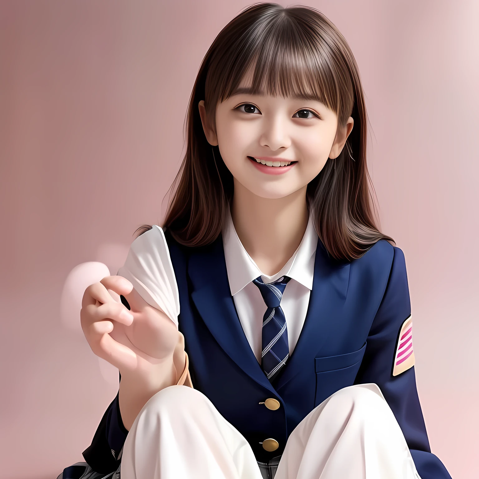 (Highest quality, masterpiece:1.2), Highest quality, High resolution, 1080P, 8k, height: 158cm, (Noble, Japanese 16yo mysterious hypnotist is seated on a pink flat floor and smiling directly at me in navy school uniform, Looking up at me deeply, Hypnotizing me: 1.8), looking me, well-grown breast, (well arranged, balanced, neat glossy straight very long hair), (Half-closed, Looking up to me, Very sleepy, Double-deep-eyelids, completely balanced, brown large large dreaming Japanese eyes like a baby with detailed beautifully: 1.6), (Glossy lips: 1.8), (high bridge nose: 1.2), (Rich and long bottom-eye-slashes), (Drives me crazy for her navy-colored neat navy plaid skirts and make me fall into her navy-colored plaid-print pleats skirt: 1.4), (Fine white face that looks like she has never been out of home: 1.6), (Navy colored school uniform blazer: 1.6), (Dark-Navy pleated plaid long skirt: 1.5), (Plain-red school ribbon on the breast), (Complete plain pink background: 1.8), (Girl whom everyone loves because of her beauty and neat school fashion and noble manner and magic-charm of succubus: 1.7), (Full body shot from the side), (jolly face expression), (evenly cut curled glossy rich beautiful bangs: 1.6), White light hitting my face, (Very very large, dreamy, Adorable eyes, Looking deeply at me: 1.5)