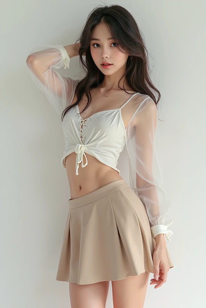 Masterpiece: 1.2, Best Quality), Realism, (Real Picture, Rich Detail Detail, Depth of Field), (1 Girl, Solo), Makeup, High Detail, Perfect Face Shape, (: 1.4), (Skin Dent), Thick Thighs, Broad Hips, Thin Waist, High, Coral, Red Lips, Red Eyes, Ponytail (Girls, Tulle, Tulle Transparent), (Sweat: 1.2), (Wet), Sexy, Blush, (Shy), Shorts, Yoga Pants, Tight Short Skirts, Tight Shorts, Stockings, Fishnet Socks, Pajamas, pleated skirts, skirts, hip skirts,