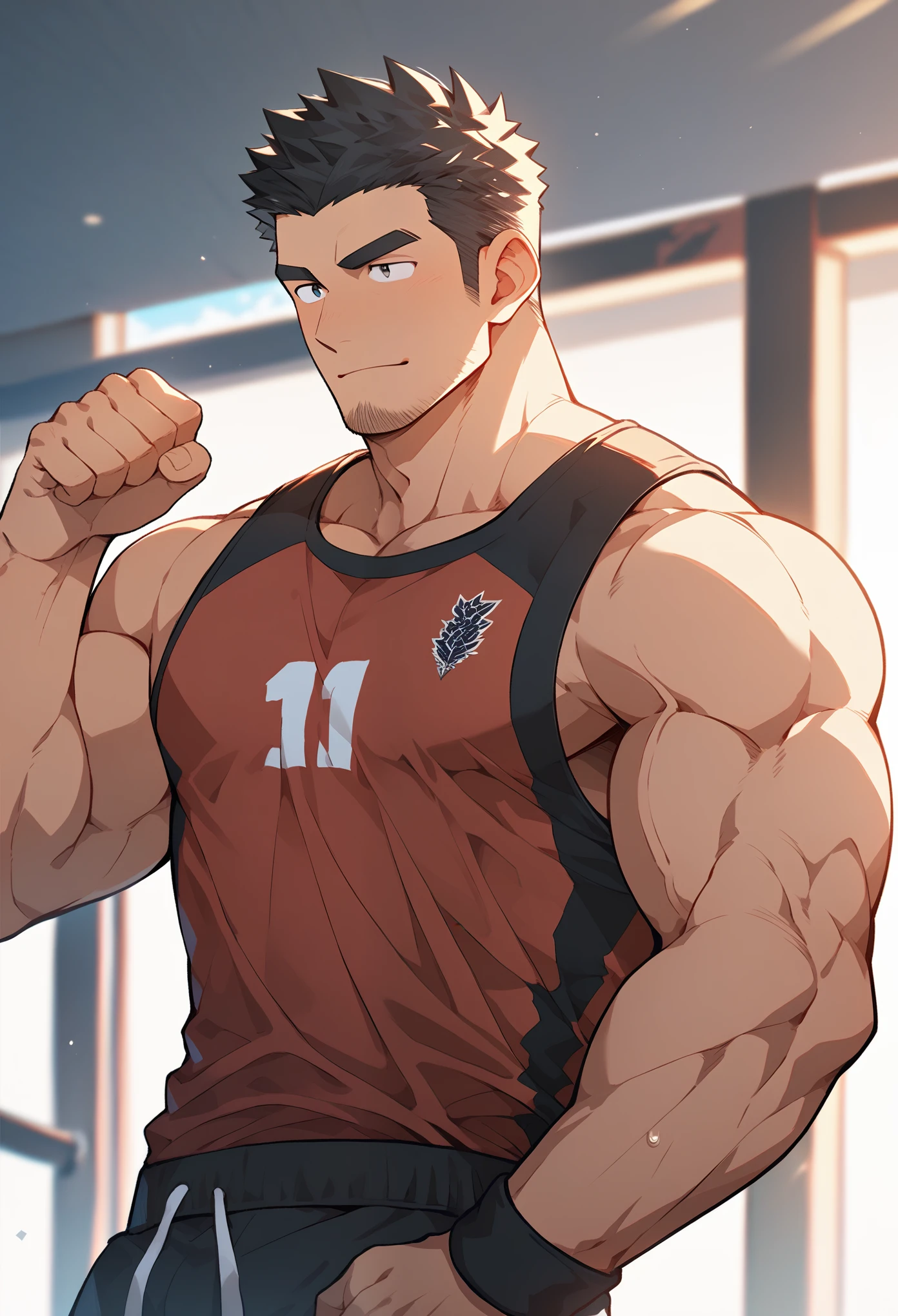 Anime characters: 30s muscular man, masculinity, male focus, training gym, tank top, sports pants, muscular man, thick eyebrows, stubble, personal training