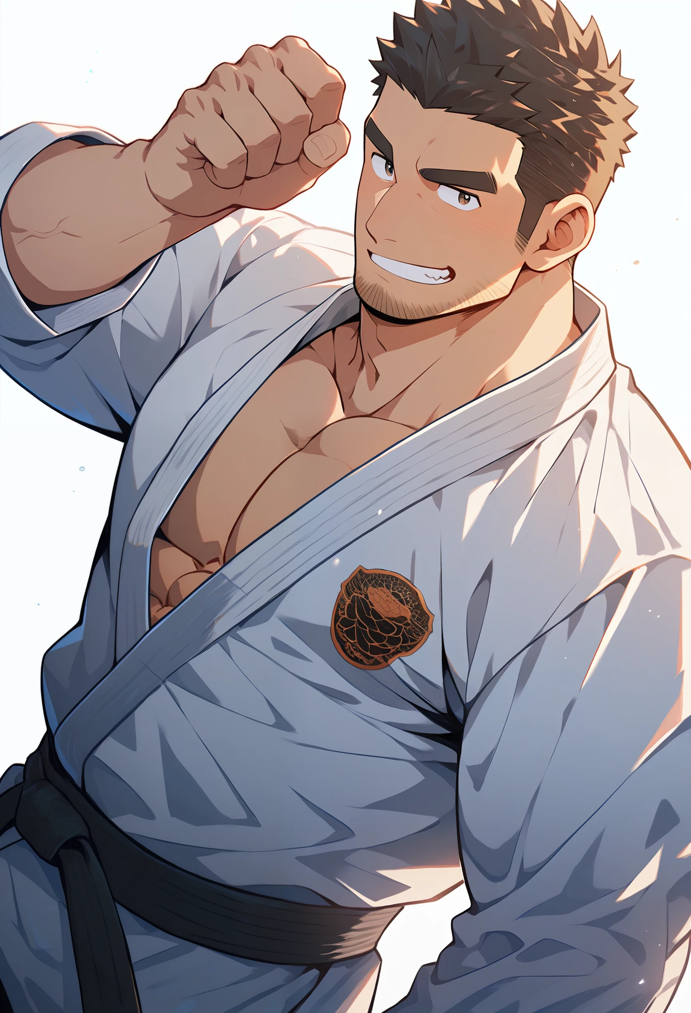 Anime characters: 30s muscular man, masculinity, male focus, judo hall, judo uniform, muscular man, thick eyebrows, stubble, beefy, unkempt hair