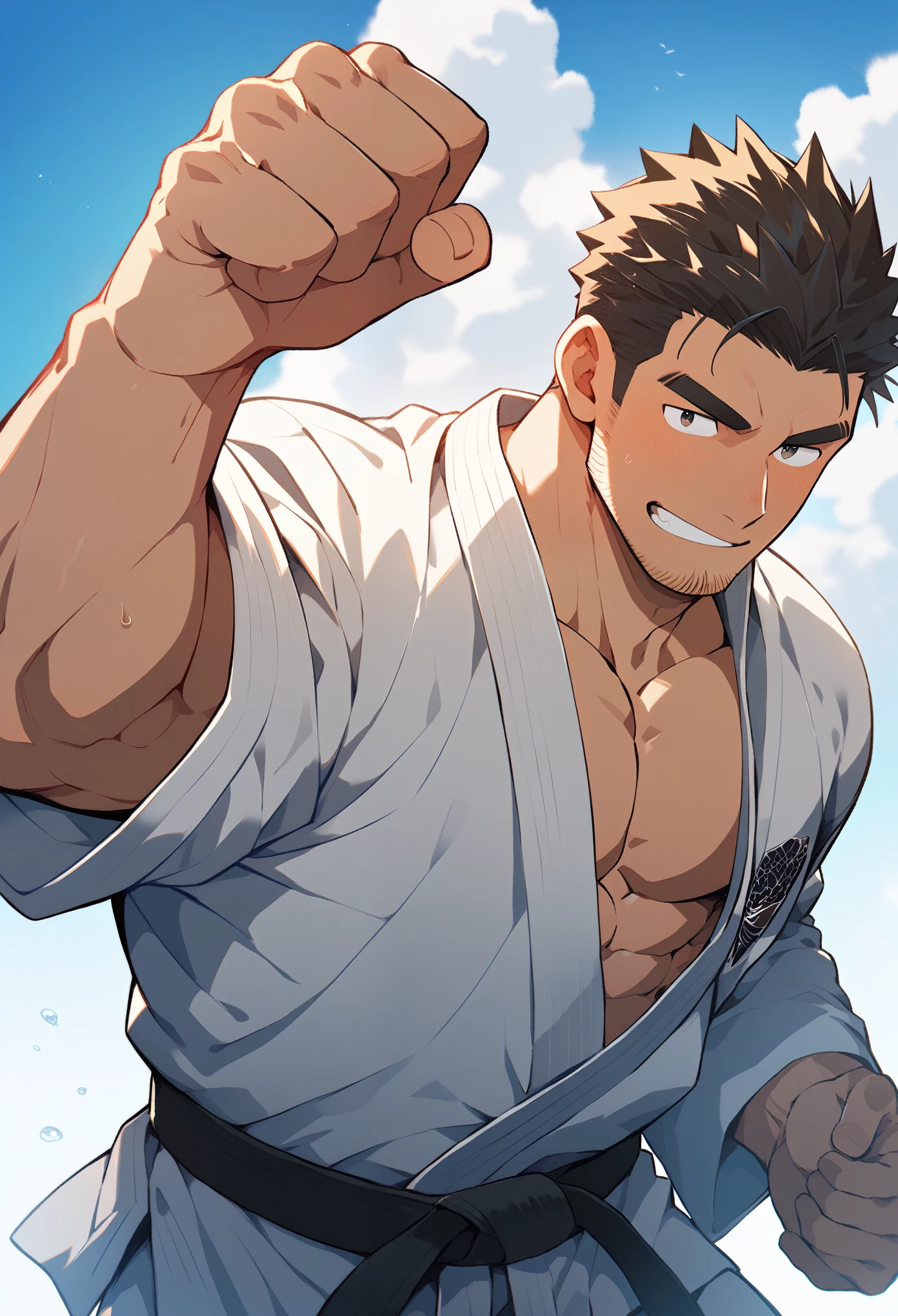 Anime characters: 30s muscular man, masculinity, male focus, judo hall, judo uniform, muscular man, thick eyebrows, stubble, muscular, messy hair