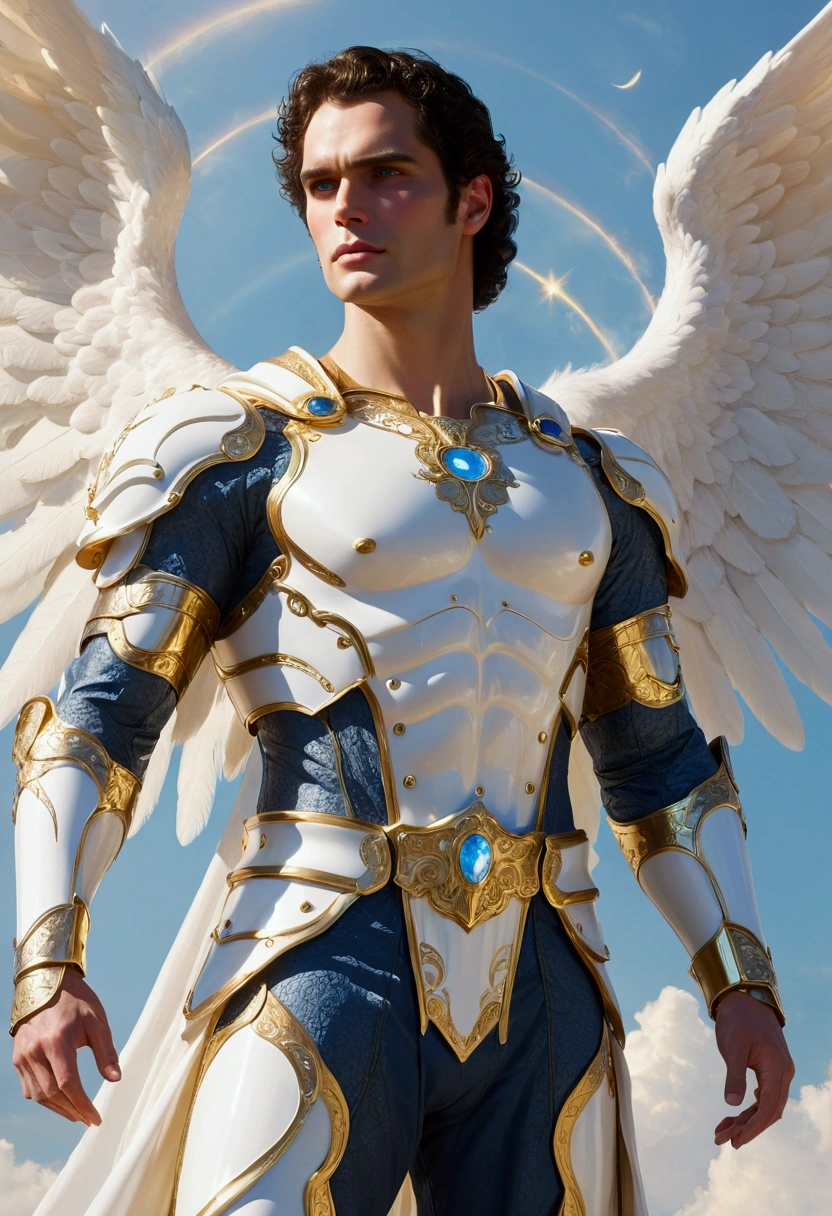 Create an image of a celestial angel with the face resembling Henry Cavill. The angel stands tall, with strong, defined features, a square jawline, piercing blue eyes, and slightly wavy dark hair. He is dressed in radiant white armor that gleams with divine light, with intricate golden engravings along the chest plate, bracers, and boots. His large, powerful wings (pure white with soft, glowing edges) are spread wide behind him in a majestic, protective stance. The background is a glowing, ethereal sky with soft pastel hues of pink, gold, and blue. The angel is hovering slightly above a marble pedestal, arms extended outward with palms open, exuding a calm yet authoritative presence. A soft halo of golden light encircles his head, casting a gentle glow on his serene face, while beams of heavenly light fall from the sky to illuminate his figure. The angel’s expression is peaceful yet resolute, as if guarding and offering divine guidance.