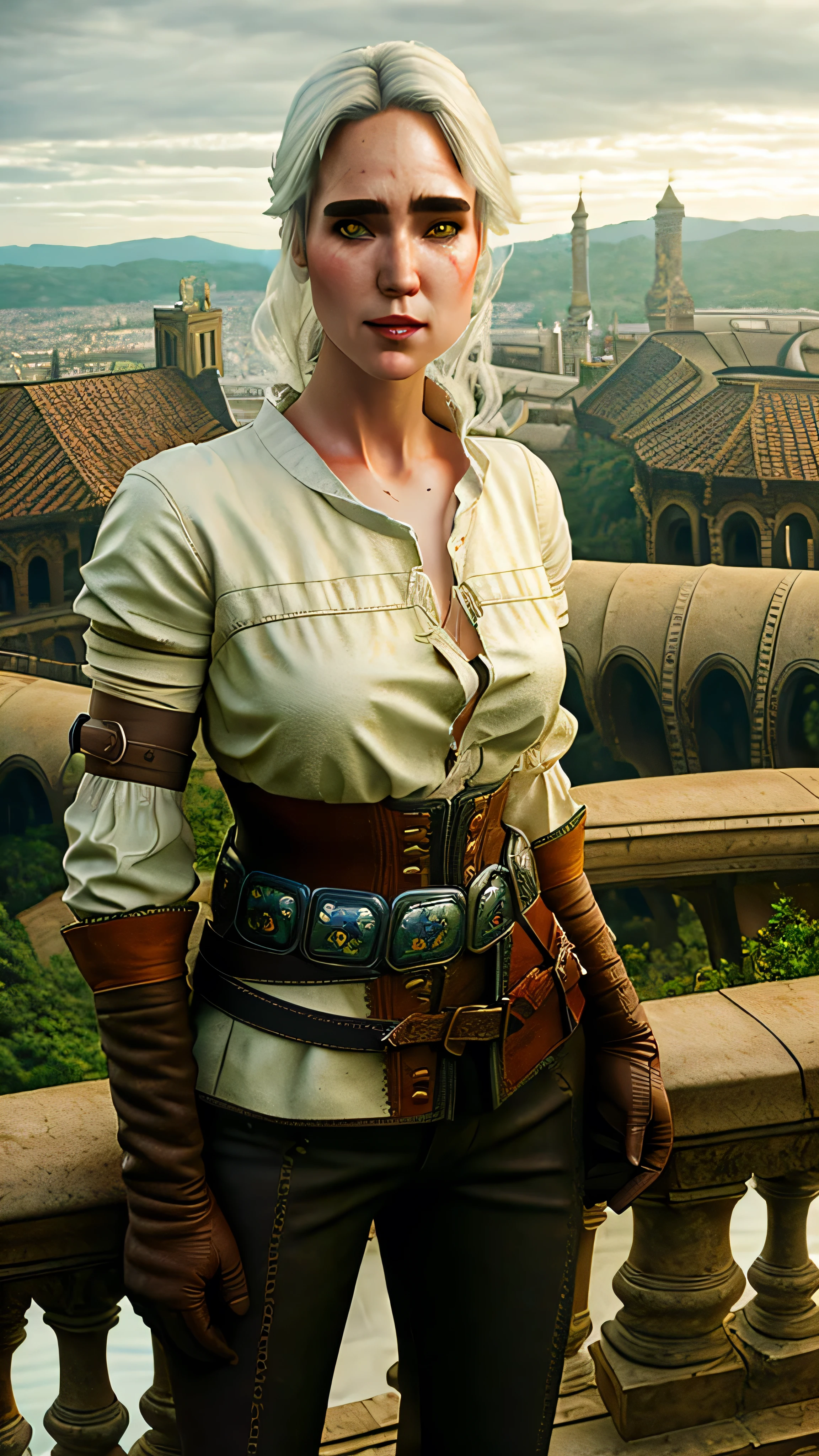 Jennifer Connelly as Ciri, green eyes, white hair, (scar across eye), white shirt, brown gloves, corset, leather belt, leather boots, pants,  cloudy sky, cityscape, balcony, (insanely detailed, beautiful detailed face, masterpiece, best quality), cinematic lighting, 1woman, solo, full body view, front view, looking at viewer, intricate, high detail, sharp focus, dramatic, photorealistic painting art by greg rutkowski