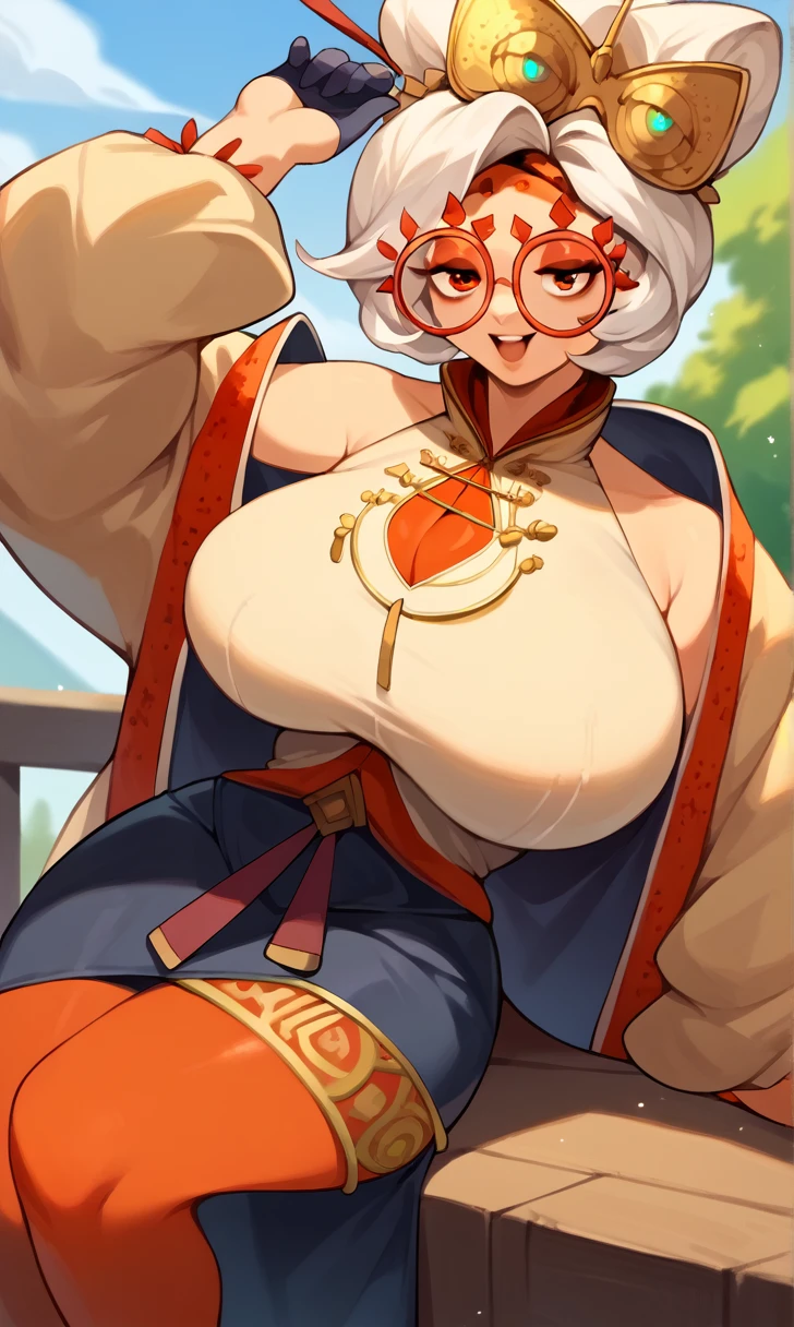 score_9, score_8_up, score_7_up, score_6_up, score_5_up, score_4_up, (source_anime), purah,
1girl,  huge breasts, narrow waist, thick thighs,  hair ornament, red headband, red glasses, sleeveless shirt, white coat, black skirt, red leggings, gloves, high heels, outdoors, happy,