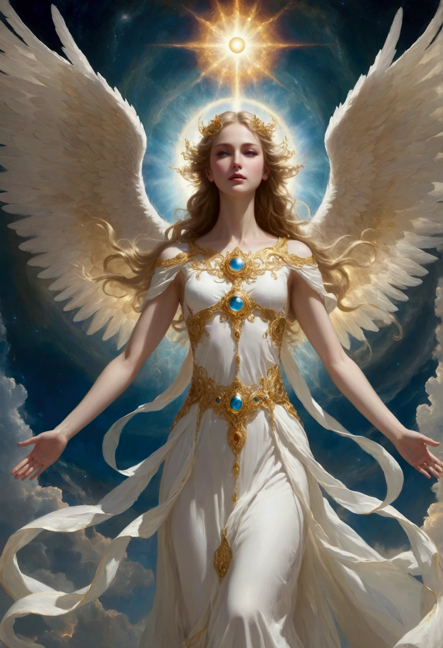 Create an image of a biblical angel in its true, otherworldly form. The angel has multiple sets of wings, with six in total: two wings covering its face, two wings spread wide in flight, and two wings covering its feet. Its body glows with an intense, almost blinding, radiant light, emanating a divine aura. Instead of a human face, the angel’s visage is an amalgamation of eyes and fiery wheels, as described in ancient religious texts. These glowing, spinning wheels are interconnected, each wheel covered in countless eyes that watch over creation. Its form is both majestic and terrifying, standing in an ethereal, celestial realm of light and clouds, with vibrant colors of gold, white, and deep blues swirling around. The being radiates power and holiness, its sheer presence overwhelming and awe-inspiring, giving a sense of divine authority and cosmic purpose. The angel's essence seems to bend space around it, as if reality itself struggles to contain its form. A soft, resonant hum fills the air, as if the very sound of the cosmos is embedded within this angelic being.