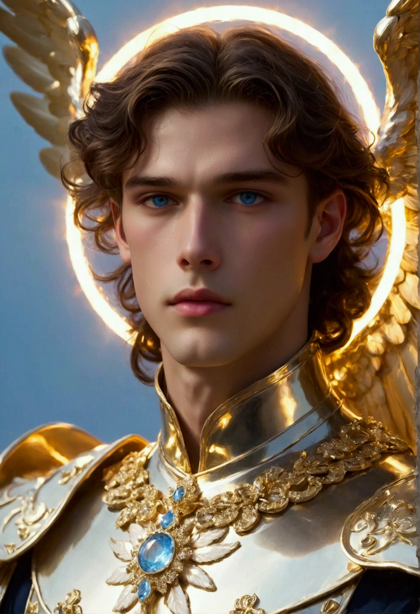 Create an image of a celestial angel with the face resembling Henry Cavill. The angel stands tall, with strong, defined features, a square jawline, piercing blue eyes, and slightly wavy dark hair. He is dressed in radiant white armor that gleams with divine light, with intricate golden engravings along the chest plate, bracers, and boots. His large, powerful wings (pure white with soft, glowing edges) are spread wide behind him in a majestic, protective stance. The background is a glowing, ethereal sky with soft pastel hues of pink, gold, and blue. The angel is hovering slightly above a marble pedestal, arms extended outward with palms open, exuding a calm yet authoritative presence. A soft halo of golden light encircles his head, casting a gentle glow on his serene face, while beams of heavenly light fall from the sky to illuminate his figure. The angel’s expression is peaceful yet resolute, as if guarding and offering divine guidance.