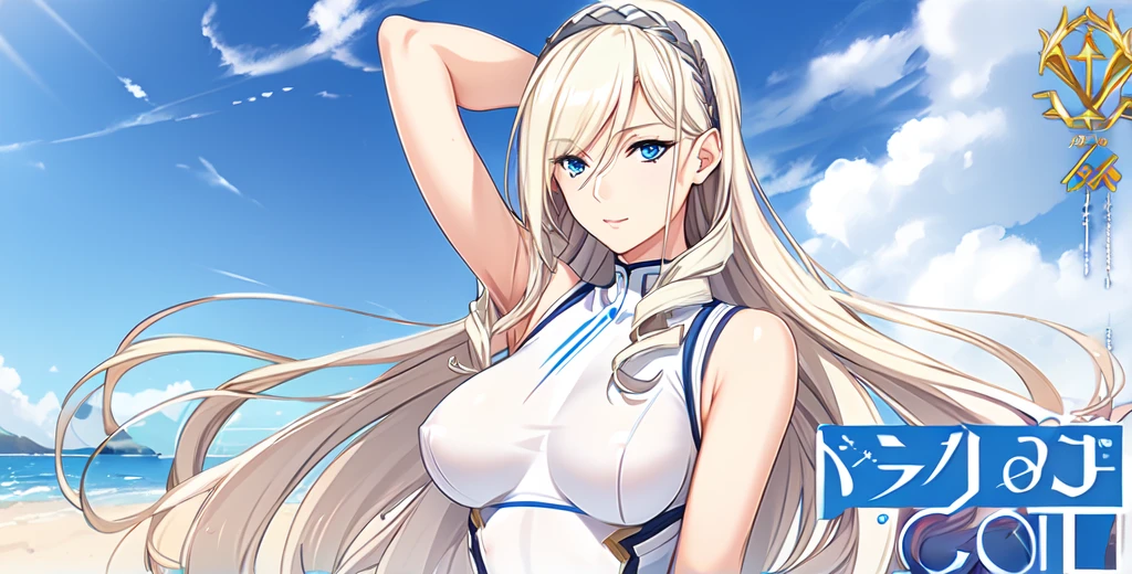 Celia\(Valkyrie\),,One Girl, mature female, Alone,blue eyes,Best Quality, masterpiece, Illustration,(background,Seaside),Anatomically correct, (Fits your body,White sportswear,Sleeveless),Alone,Standing, Look at, Put your arms behind your head,Close-up, 