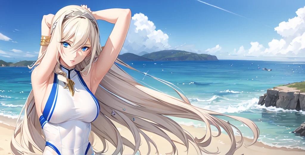 Celia\(Valkyrie\),,One Girl, mature female, Alone,blue eyes,Best Quality, masterpiece, Illustration,(background,Seaside),Anatomically correct, (Fits your body,White sportswear,Sleeveless),Alone,Standing, Look at, Put your arms behind your head,Close-up, 