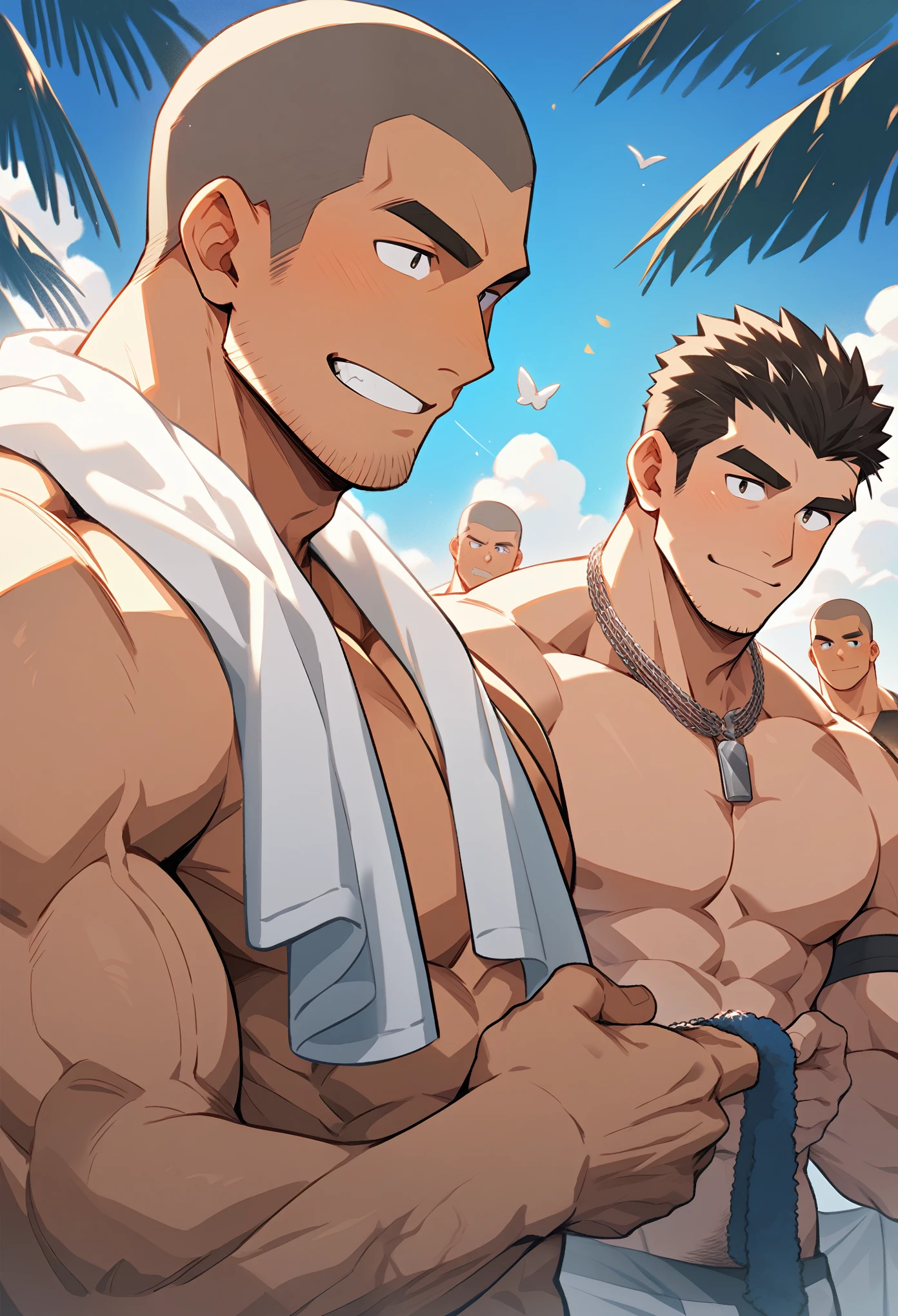 Anime characters: muscular man, masculinity, male focus, strip dancer in his 30s, club, muscular man, thick eyebrows, stubble, muscular, completely nude, brown shaved head, towel