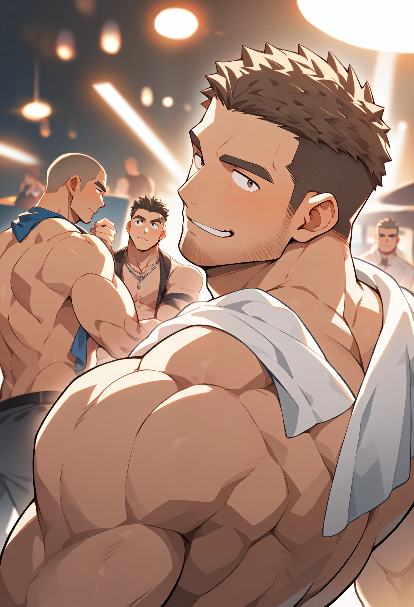 Anime characters: muscular man, masculinity, male focus, strip dancer in his 30s, club, muscular man, thick eyebrows, stubble, muscular, completely nude, brown shaved head, towel