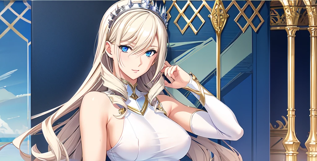 Celia\(Valkyrie\),,One Girl, mature female, Alone,blue eyes,Best Quality, masterpiece, Illustration,(background,Seaside),Anatomically correct, (Fits your body,White sportswear,Sleeveless),Alone,Standing, Look at,Close-up, Showing off your armpits