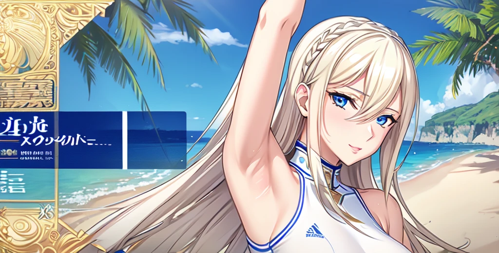 Celia\(Valkyrie\),,One Girl, mature female, Alone,blue eyes,Best Quality, masterpiece, Illustration,(background,Seaside),Anatomically correct, (Fits your body,White sportswear,Sleeveless),Alone,Standing, Look at,Close-up, Showing off your armpits