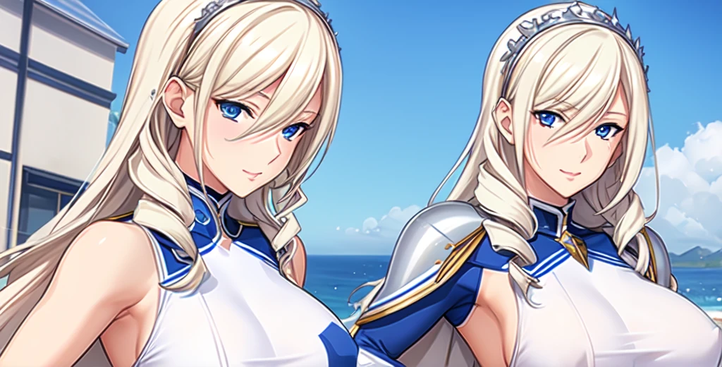 Celia\(Valkyrie\),,One Girl, mature female, Alone,blue eyes,Best Quality, masterpiece, Illustration,(background,Seaside),Anatomically correct, (Fits your body,White sportswear,Sleeveless),Alone,Standing, Look at,Close-up, Showing off your armpits