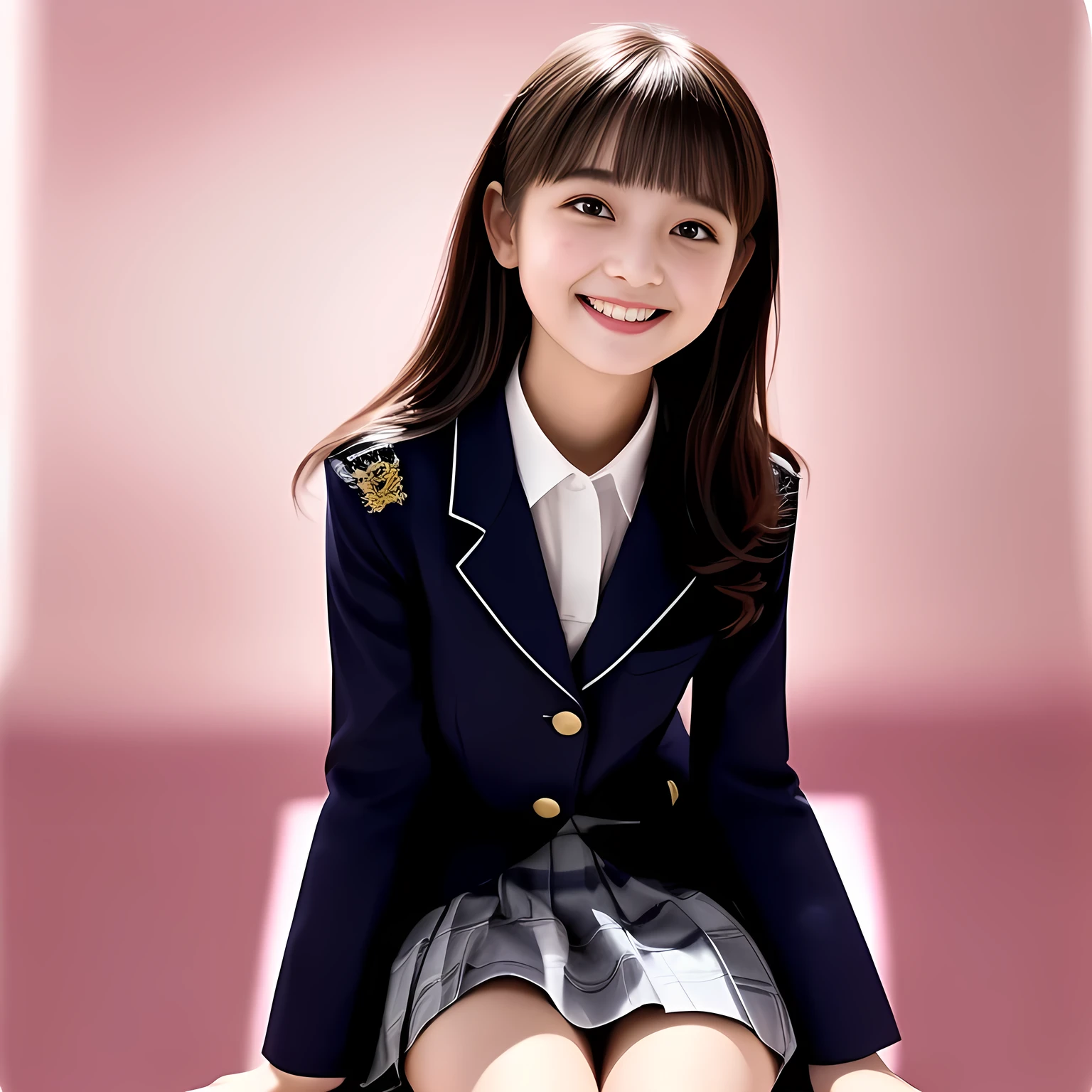 (Highest quality, masterpiece:1.2), Highest quality, High resolution, 1080P, 8k, height: 158cm, (Noble, Japanese **** mysterious hypnotist is seated on a pink flat floor and smiling directly at me in navy school uniform, Looking up at me deeply, Hypnotizing me: 1.8), looking me, well-grown breast, (well arranged, balanced, neat glossy straight very long hair), (Half-closed, Looking up to me, Very sleepy, Double-deep-eyelids, completely balanced, brown large large dreaming Japanese eyes like a baby with detailed beautifully: 1.6), (Glossy lips: 1.8), (high bridge nose: 1.2), (Rich and long bottom-eye-slashes), (Drives me crazy for her navy-colored neat navy plaid skirts and make me fall into her navy-colored plaid-print pleats skirt: 1.4), (Fine white face that looks like she has never been out of home: 1.6), (Navy colored school uniform blazer: 1.6), (Dark-Navy pleated plaid long skirt: 1.5), (Plain-red school ribbon on the breast), (Complete plain pink background: 1.8), (Girl whom everyone loves because of her beauty and neat school fashion and noble manner and magic-charm of succubus: 1.7), (Full body shot from the side), (jolly face expression), (evenly cut curled glossy rich beautiful bangs: 1.6), White light hitting my face, (Very very large, dreamy, Adorable eyes, Looking deeply at me: 1.5)