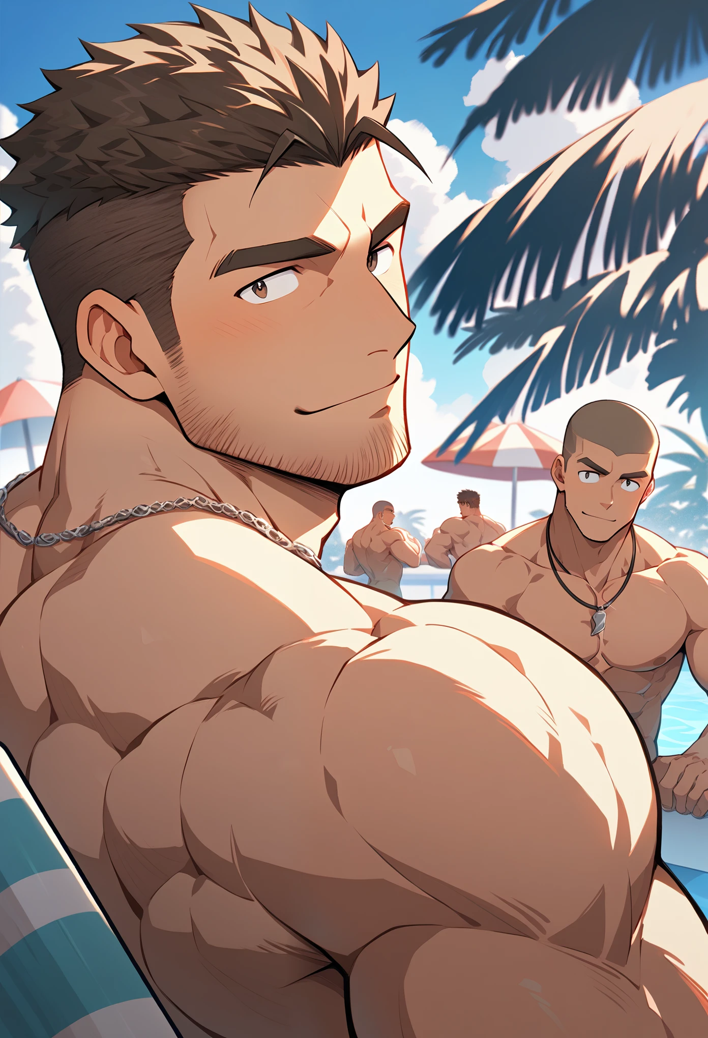 Anime characters: muscular men, masculinity, male focus, strip dancer in his 30s, pool party, muscular men, thick eyebrows, stubble, muscular, completely nude, brown shaved head, brown hair, big dick, brown hair