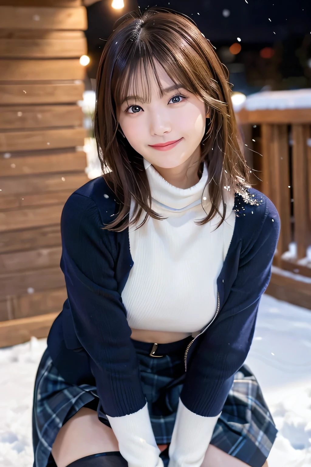 (masutepiece:1.3, Photorealsitic:1.4, 8K), top-quality, masterpiece, 超A high resolution, Perfect dynamic composition, Highly detailed skin and facial texture:1.3, A detailed eye, Detailed limbs, Winters, snowflakes falling:1.2, Snowfall landscape at night:1.2, 1girl in, Cute sexy 1 slim woman, Fair skin, ((A smile:0.9, Totally captivates you:1.0)), (Thick short jacket over long sleeve turtleneck sweater:1.2, High waist mini skirt:1.1), ((voluptuous breasts:1.05)), Short boots, (Facing the front, Squat with your knees bent), (Beautiful blue eyes, Eyes that feel beautiful eros:0.85), Sexy face:0.4, (A mouthfeel that feels beautiful eros:0.85), ((Too cute beauty:0.9))
