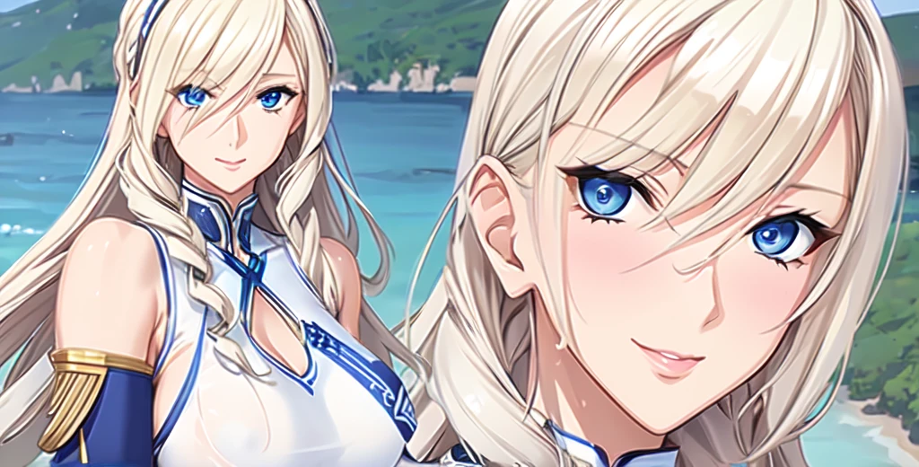 Celia\(Valkyrie\),,One Girl, mature female, Alone,blue eyes,Best Quality, masterpiece, Illustration,(background,Seaside),Anatomically correct, (Fits your body,White sportswear,Sleeveless),Alone,Standing, Look at,Close-up, Showing off your armpits,Wet with sweat