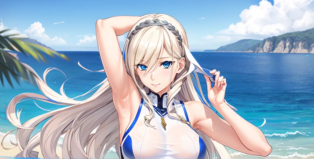 Celia\(Valkyrie\),,One Girl, mature female, Alone,blue eyes,Best Quality, masterpiece, Illustration,(background,Seaside),Anatomically correct, (Fits your body,White sportswear,Sleeveless),Alone,Standing, Look at,Close-up, Showing off your armpits,Wet with sweat