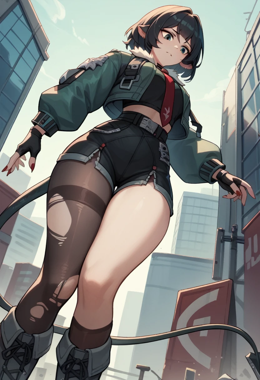 fur-trimmed jacket, green jacket, long sleeves, red necktie, high-waist black shorts, belt, fingerless gloves, single leg pantyhose, torn pantyhose, torn thighhighs, grey boots
tail, red fingernails, giantess towering over buildings, looking down at the tiny person