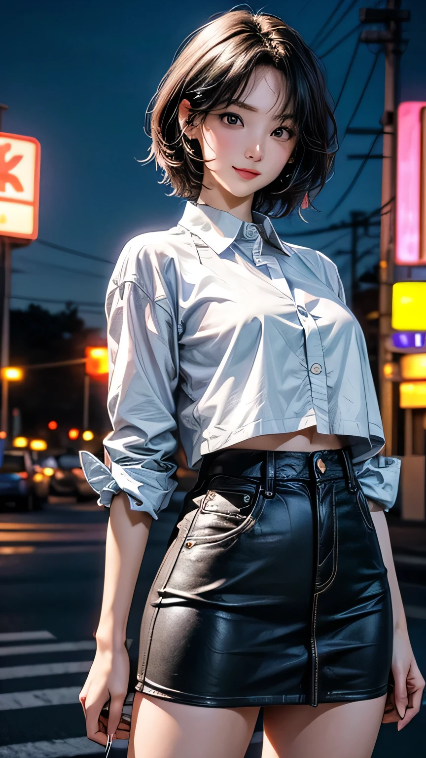 Perfect composition, Proper placement, Very beautiful Japanese women, Very cute Japanese woman, ((masterpiece, Best Quality, Highest quality, High resolution, Realistic, RAW Photos, 8k, Highly detailed CG integrated 8K wallpaper)), (Cowboy Shot), Very sexy, Breathtaking beauty, Perfect Proportions, Flat Chest, Thin limbs:1.5, skinny body:1.37, Domestic cars parked, with Neon Signs, A woman waiting for guests in front of a motel, lure, White business shirt and black mini skirt, smile, Short Hair, Hair blowing in the wind, Lift up your skirt, National Route 2, Neon Signs, Yokohama Sightseeing, Minato Mirai, some have Neon Signs, Neon lights outside, Neon advertising, gigantic, Neon Signs in background, Movie Lighting, 