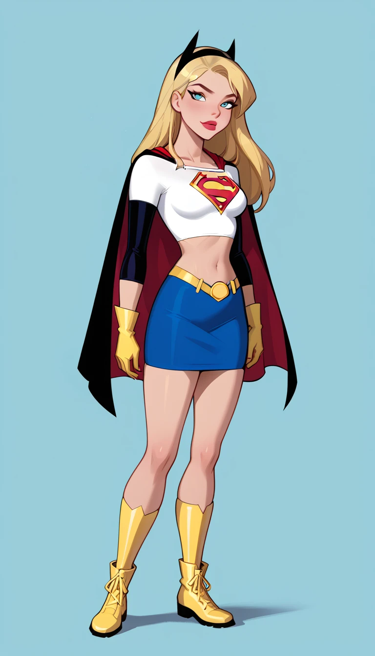 score_9, score_8_up, score_7_up, dcaustyle, source_cartoon, 2girls, duo, (Supergirl, blonde, wearing Supergirl costume, tight white tshirt, short sleeves, midriff, Supergirl emblem, blue skirt, tight skirt, red cape, short cape, gloves, red boots:1.3) and (Batgirl, reddish brown hair, wearing Batgirl costume, black batsuit, long sleeves, yellow bat emblem, yellow belt, yellow boots, gloves, yellow gloves, cape, black cape, short cape, ankle boots:1.2), flirt, gaze, sexy look, half-closed eyes, head tilt, filled lips, thick lips, makeup, side view, (full bodies in view) expressiveh d4rk01l, perfect hands, perfect proportions, simple background.