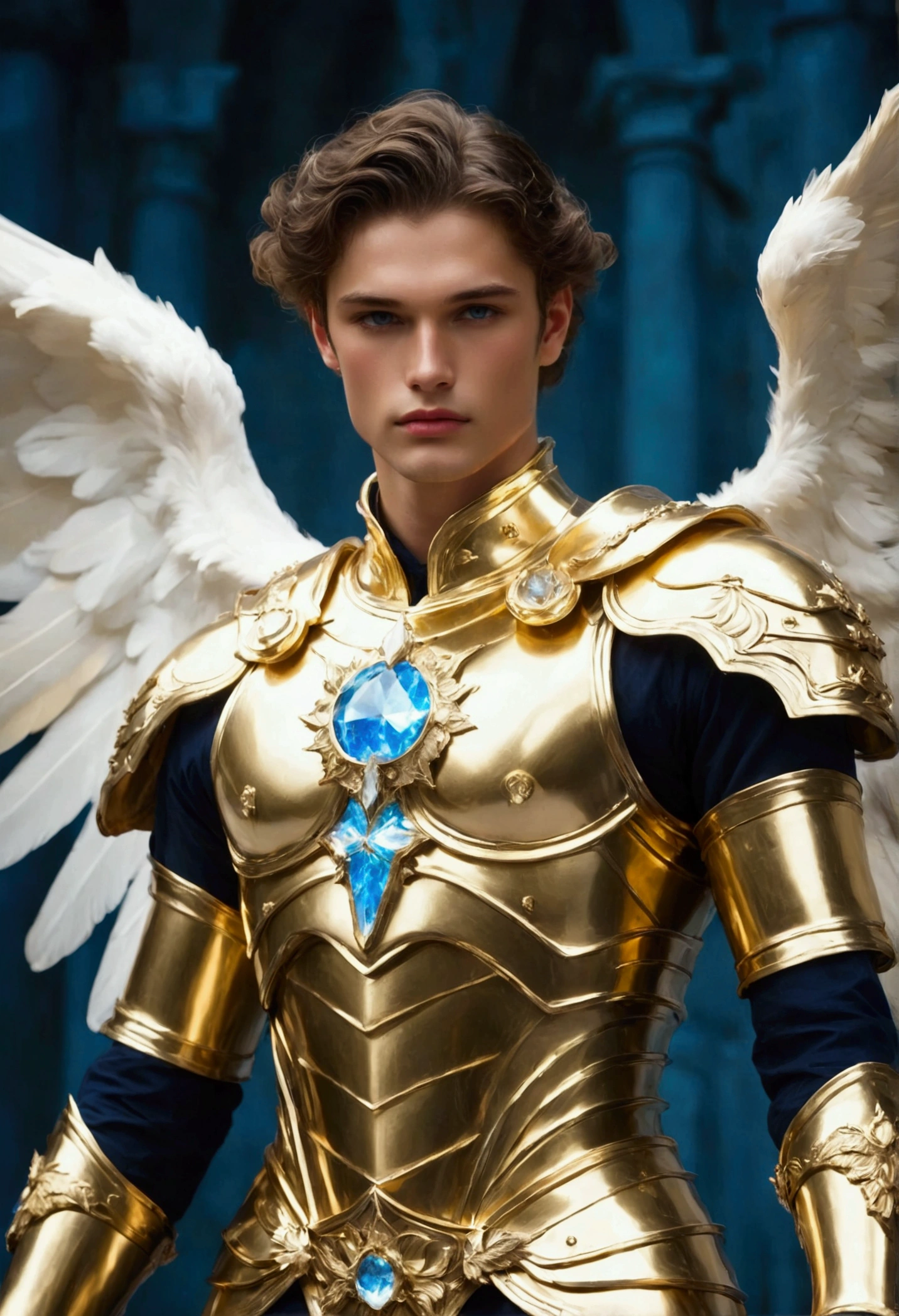 Create an image of a celestial angel with the face resembling Henry Cavill. The angel stands tall, with strong, defined features, a square jawline, piercing blue eyes, and slightly wavy dark hair. He is dressed in radiant white armor that gleams with divine light, with intricate golden engravings along the chest plate, bracers, and boots. His large, powerful wings (pure white with soft, glowing edges) are spread wide behind him in a majestic, protective stance. The background is a glowing, ethereal sky with soft pastel hues of pink, gold, and blue. The angel is hovering slightly above a marble pedestal, arms extended outward with palms open, exuding a calm yet authoritative presence. A soft halo of golden light encircles his head, casting a gentle glow on his serene face, while beams of heavenly light fall from the sky to illuminate his figure. The angel’s expression is peaceful yet resolute, as if guarding and offering divine guidance.