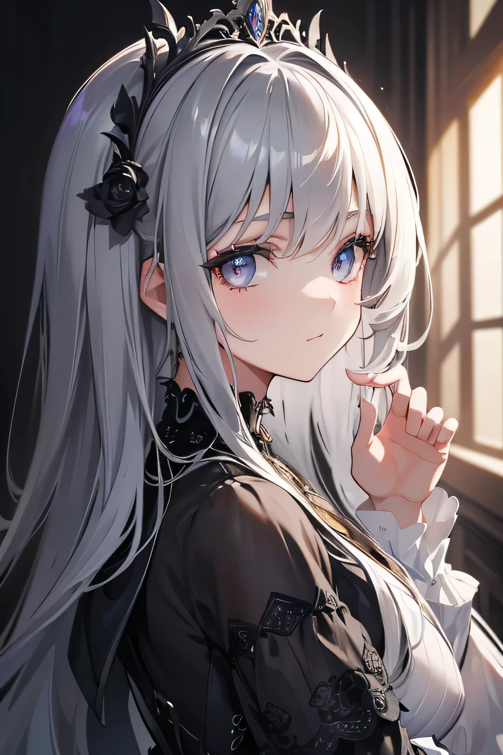 非常にdetailedな, 8k, masterpiece, One girl, Grey Bicolor_hair, dress , , (perfection_face), Luxurious, Complex, Dramatic lighting, 4K, detailed_background, Caustics, Portraiture, , from_side