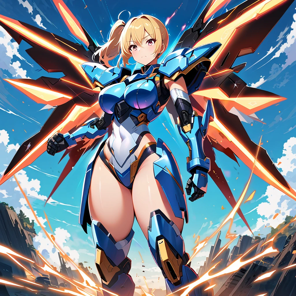 blue sci-fi armor,golden shorthair cat,Long ponytail hairstyle,Large Breasts,Cleavage,Pistol hanging from waist,fighter pilot,fighter hangar,Sexy,Lipstick,Miss,Golden Eyes,final,Armor has numbers