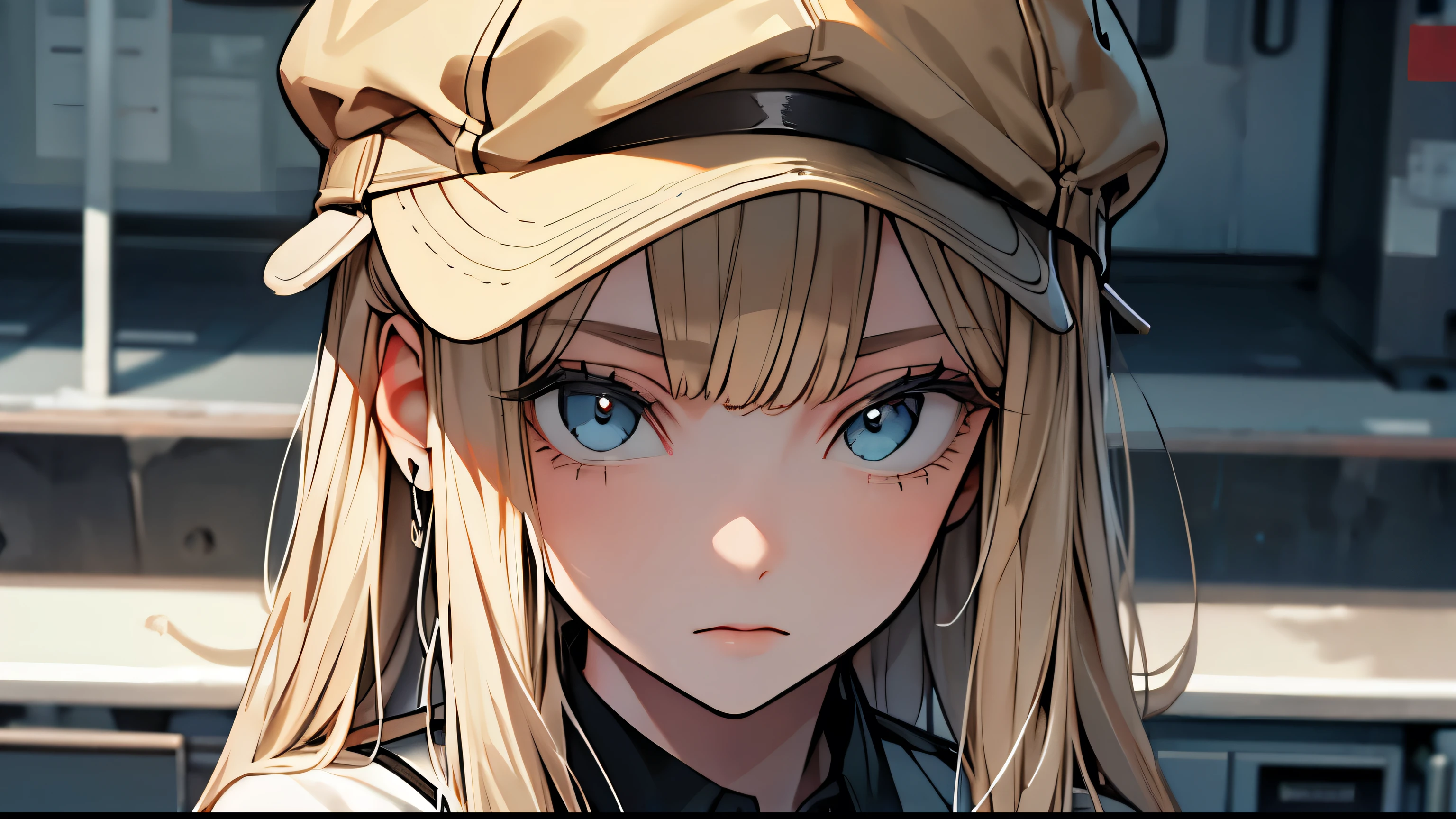 Anime girl with a hat and blue eyes in a kitchen - SeaArt AI