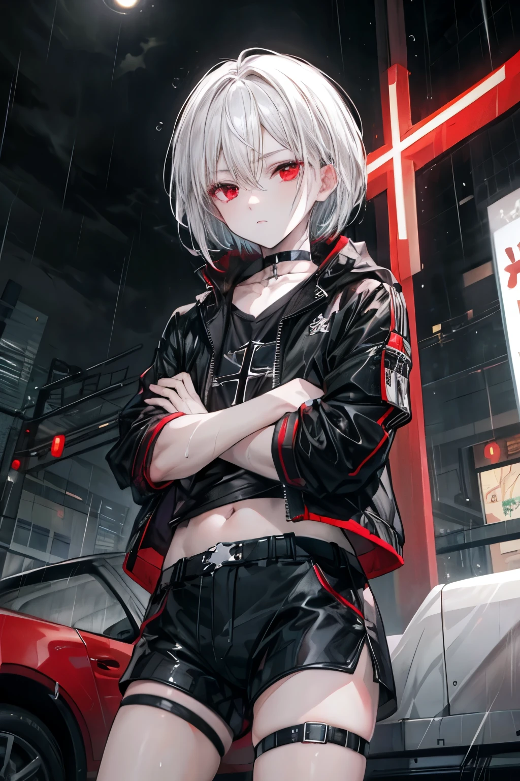 ((masterpiece, best quality, extremely detailed CG, unity 8k wallpaper,anatomically correct,ultra resolution)),Award-winning photography,(best illumination,Very Delicate and Beautiful),(one girl,solo,loli:1.5),(Vampire:1.45),silver hair,(twintails:1.2),glowing red eyes,(pale skin:1.45),(extremely beautiful and detailed face:1.2), (extremely beautiful and detailed eyes:1.2),perfect hands,delicate legs,((bat hair ornament)),(graceful,fashion),pointy ears,((nike hoodie:1.4,sports shorts,sports shoes,black leather gloves,black naked socks)),looking at viewer,sit on bench,outstretched arm,(angry:1.3),open mouth,(cute:1.5),((night, dark atmosphere, dark theme, darkness:1.5)),dramatic shadows,(dimly lit:1.5),blood on face,blood on floor, blood on walls,(blood mist,blood splash:1.4),depth of field,(Bustling city:1.2,in the rain:1.3),cloudy sky,raining,skyline,(perfect human body structure with maximum precision)