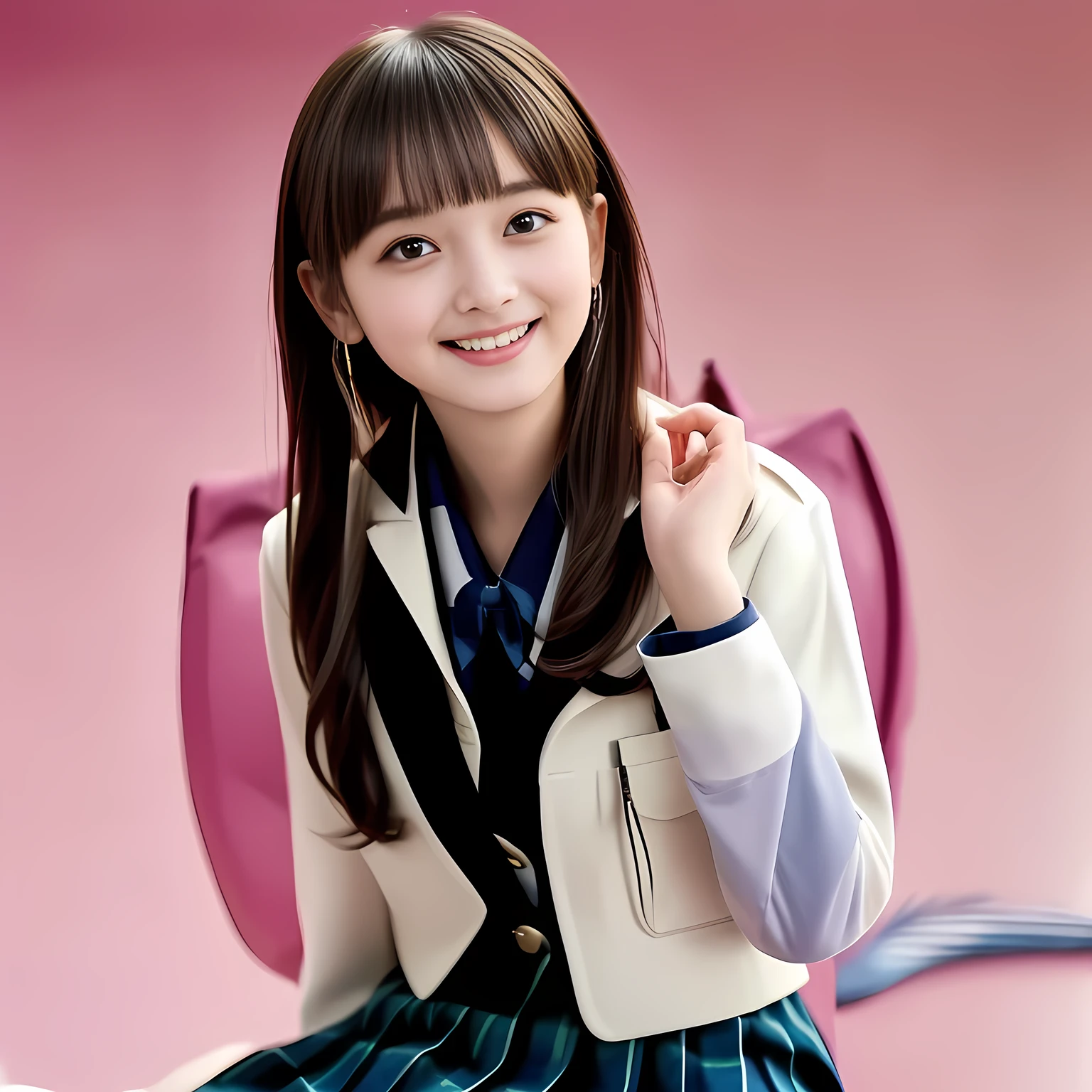 (Highest quality, masterpiece:1.2), Highest quality, High resolution, 1080P, 8k, height: 158cm, (Noble, Japanese 16yo mysterious hypnotist is seated on a pink flat floor and smiling directly at me in navy school uniform, Looking up at me deeply, Hypnotizing me: 1.8), looking me, well-grown breast, (well arranged, balanced, neat glossy straight very long hair), (Half-closed, Looking up to me, Very sleepy, Double-deep-eyelids, completely balanced, brown large large dreaming eyes like a 13yo cute fantasy Siren princess with detailed beautifully: 1.6), (Glossy lips: 1.8), (high bridge nose: 1.2), (Rich and long bottom-eye-slashes), (Drives me crazy for her navy-colored neat navy plaid skirts and make me fall into her navy-colored plaid-print pleats skirt: 1.4), (Fine white face that looks like she has never been out of home: 1.6), (Navy colored school uniform blazer: 1.6), (Dark-Navy pleated plaid long skirt: 1.5), (Plain-red school ribbon on the breast), (Complete plain pink background: 1.8), (Girl whom everyone loves because of her beauty and neat school fashion and noble manner and magic-charm of succubus: 1.7), (Full body shot from the side), (jolly face expression), (evenly cut curled glossy rich beautiful bangs: 1.6), White light hitting my face, (Very very large, dreamy, Adorable eyes, Looking deeply at me: 1.5)