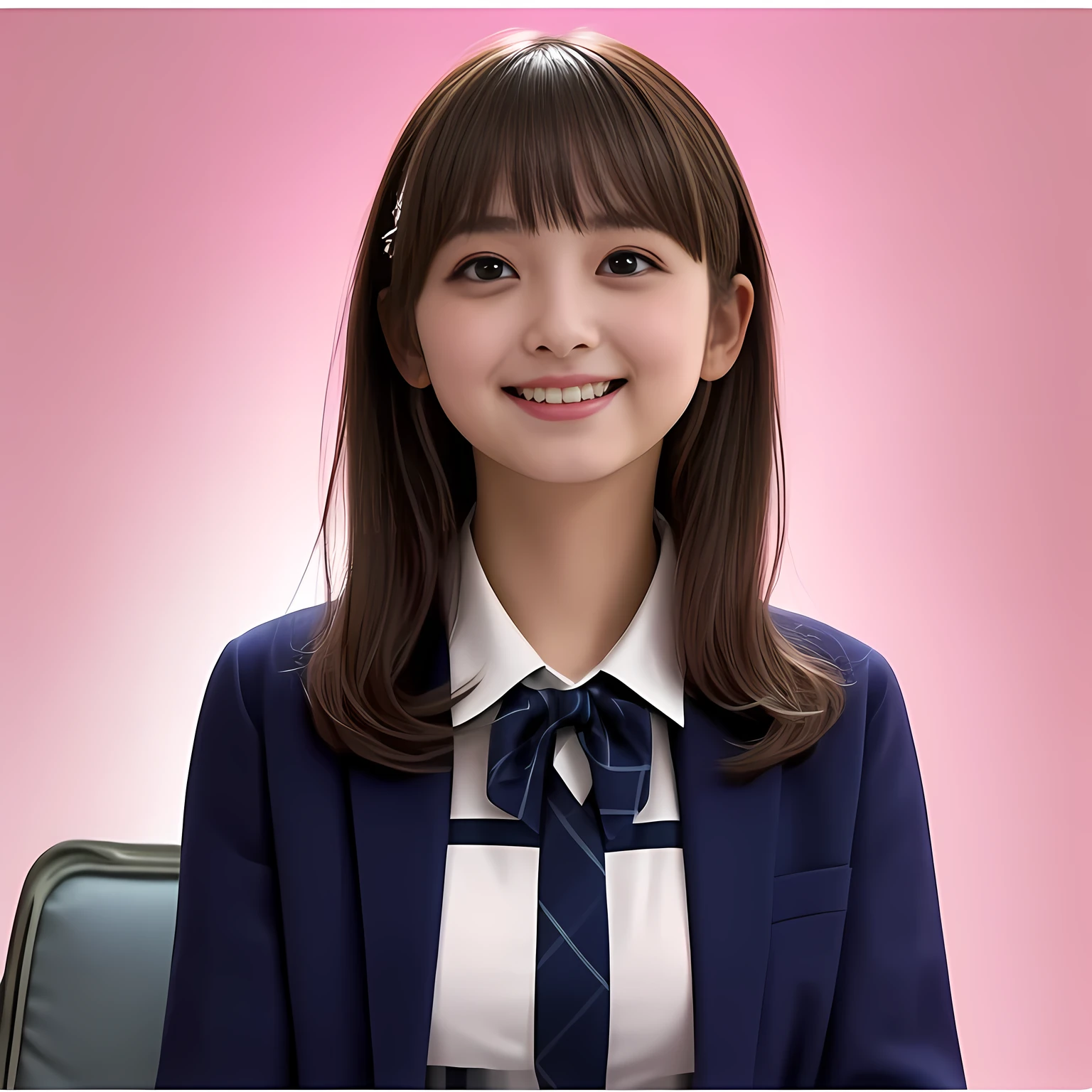 (Highest quality, masterpiece:1.2), Highest quality, High resolution, 1080P, 8k, height: 158cm, (Noble, Japanese **** mysterious hypnotist is seated on a pink flat floor and smiling directly at me in navy school uniform, Looking up at me deeply, Hypnotizing me: 1.8), looking me, well-grown breast, (well arranged, balanced, neat glossy straight very long hair), (Half-closed, Looking up to me, Very sleepy, Double-deep-eyelids, completely balanced, brown large large dreaming eyes like a **** cute fantasy Siren princess with detailed beautifully: 1.6), (Glossy lips: 1.8), (high bridge nose: 1.2), (Rich and long bottom-eye-slashes), (Drives me crazy for her navy-colored neat navy plaid skirts and make me fall into her navy-colored plaid-print pleats skirt: 1.4), (Fine white face that looks like she has never been out of home: 1.6), (Navy colored school uniform blazer: 1.6), (Dark-Navy pleated plaid long skirt: 1.5), (Plain-red school ribbon on the breast), (Complete plain pink background: 1.8), (Girl whom everyone loves because of her beauty and neat school fashion and noble manner and magic-charm of succubus: 1.7), (Full body shot from the side), (jolly face expression), (evenly cut curled glossy rich beautiful bangs: 1.6), White light hitting my face, (Very very large, dreamy, Adorable eyes, Looking deeply at me: 1.5)