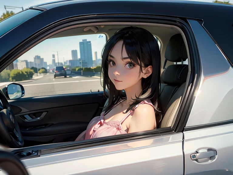 A  girl、(​masterpiece:1.4)、(in 8K、realisitic、Raw photo、top-quality:1.4)、(Real Face:1.4)、(real looking skin:1.3)、超A high resolution、A hyper-realistic、Eyes in Beautiful Details、black hair shorthair、hairpin、耳Nipple Ring、a secretary、white swimwear、high detailing、(huge-breasted:1.5)、gargantilha、Blushing、Embarrassed look、alluring face、Mouth open、Bolides、Sit in the back seat、nighttime scene