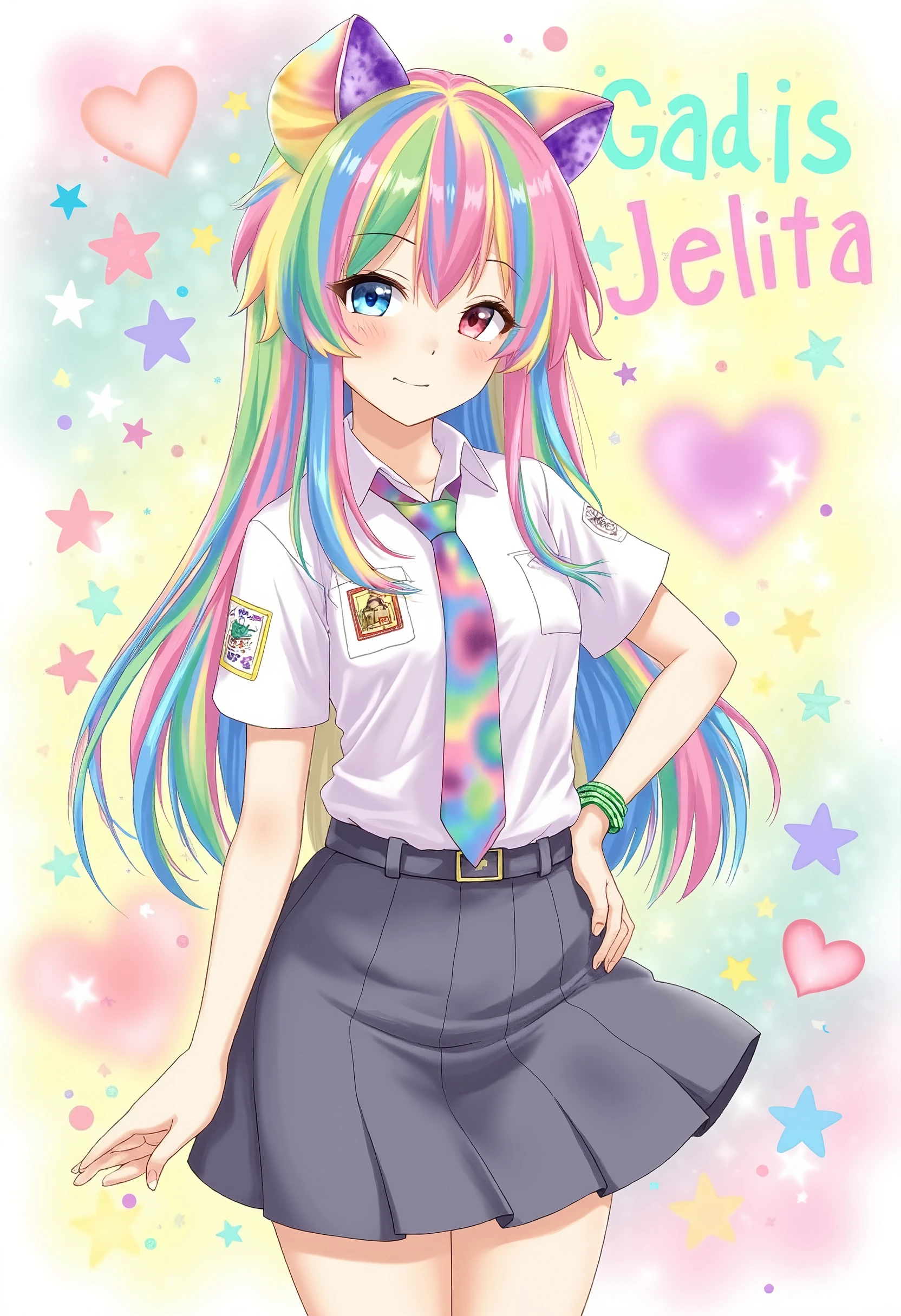 ((anime)), (masterpiece, best quality:1.2), 1girl, Alone, indonesian_high_school, tie, doodle, rainbow hair, colorful background, text on background "Gadis Jelita"