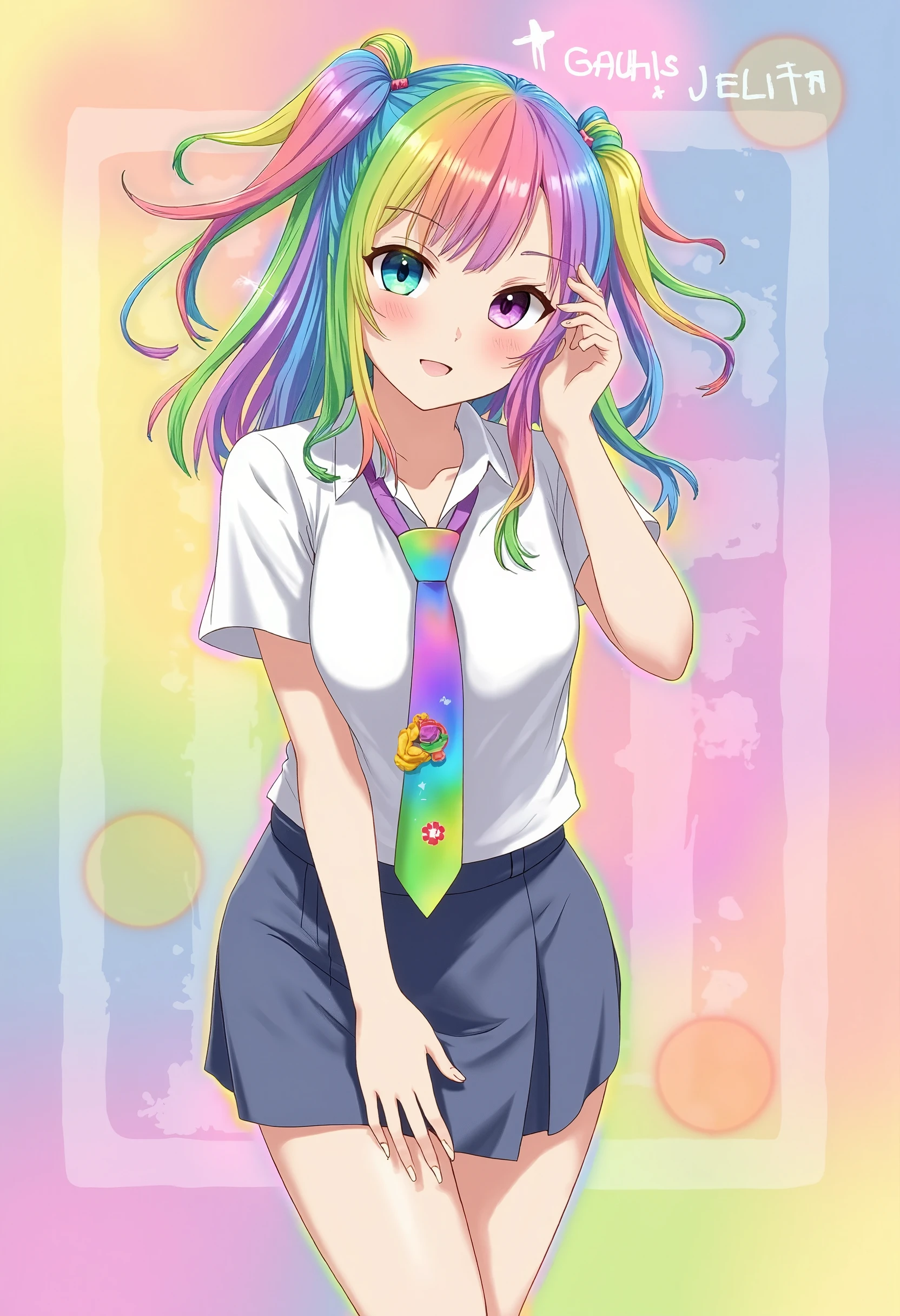 ((anime)), (masterpiece, best quality:1.2), 1girl, Alone, indonesian_high_school, tie, doodle, rainbow hair, colorful background, text on background "Gadis Jelita"