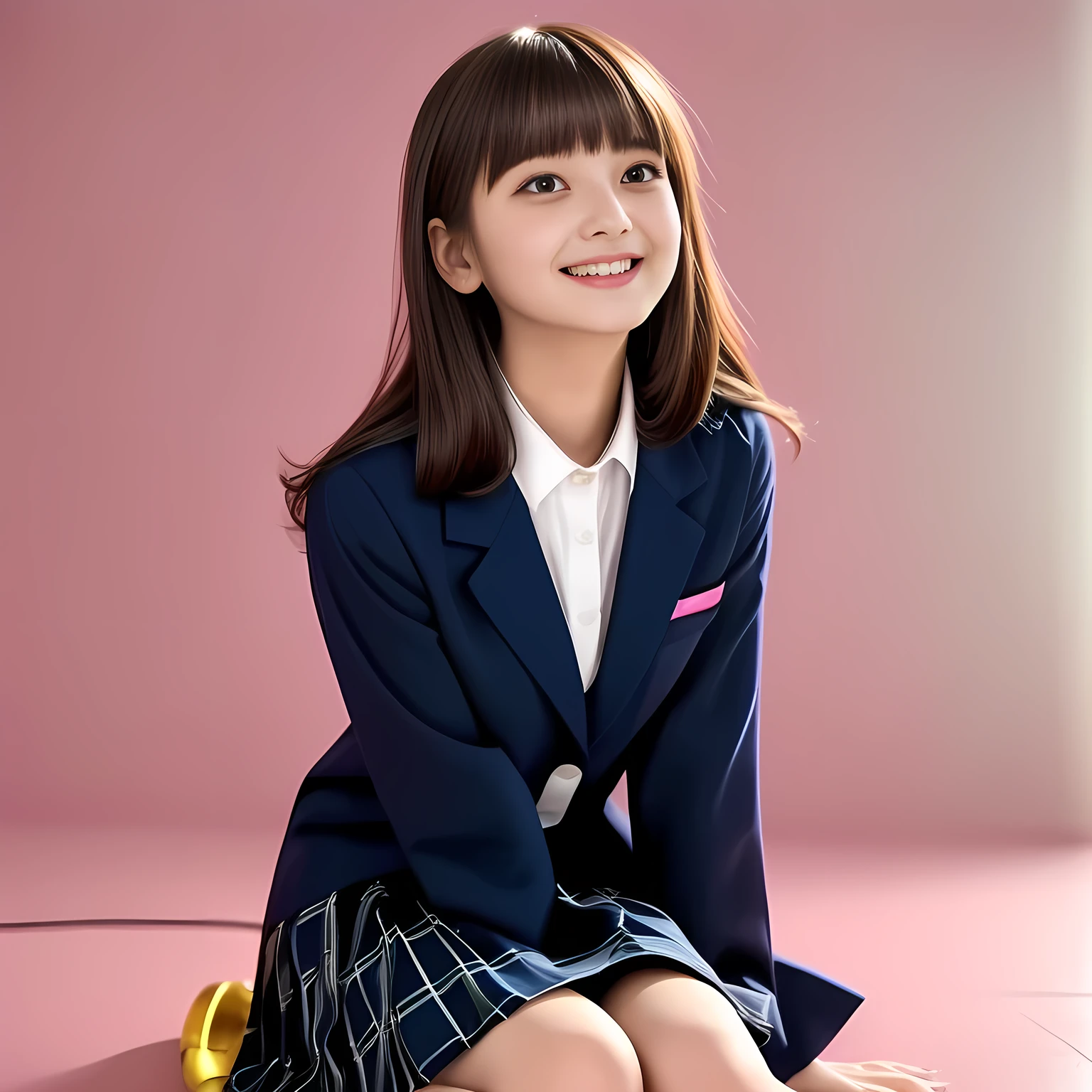 (Highest quality, masterpiece:1.2), Highest quality, High resolution, 1080P, 8k, height: 158cm, (Noble, Japanese 16yo mysterious hypnotist is seated on a pink flat floor and smiling directly at me in navy school uniform, Looking up at me deeply, Hypnotizing me: 1.8), looking me, well-grown breast, (well arranged, balanced, neat glossy straight very long hair), (Half-closed, Looking up to me, Very sleepy, Double-deep-eyelids, completely balanced, brown large large dreaming eyes like a 13yo dolly girl with detailed beautifully: 1.6), (Glossy lips: 1.8), (high bridge nose: 1.2), (Rich and long bottom-eye-slashes), (Drives me crazy for her navy-colored neat navy plaid skirts and make me fall into her navy-colored plaid-print pleats skirt: 1.4), (Fine white face that looks like she has never been out of home: 1.6), (Navy colored school uniform blazer: 1.6), (Dark-Navy pleated plaid long skirt: 1.5), (Plain-red school ribbon on the breast), (Complete plain pink background: 1.8), (Girl whom everyone loves because of her beauty and neat school fashion and noble manner and magic-charm of succubus: 1.7), (Full body shot from the side), (jolly face expression), (evenly cut curled glossy rich beautiful bangs: 1.6), White light hitting my face, (Very very large, dreamy, Adorable eyes, Looking deeply at me: 1.5)