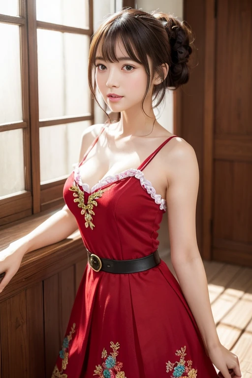 medium view, medium shot, written boundary depth, bust, Upper body, cinematic angle, masterpiece, highest quality, Super detailed, cg, 8k wallpaper, beautiful face, delicate eyes, maiden, alone, smile, bangs, skirt, shirt, have, deep red dress, bow, petal, bouquet