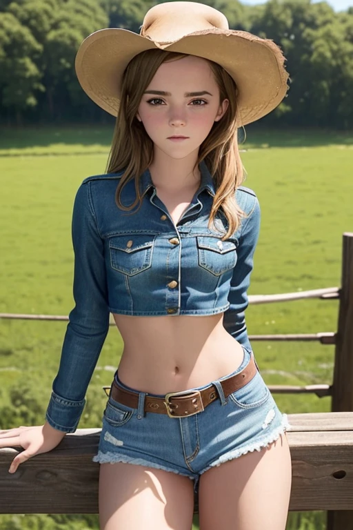 ((high resolution)), athletic, defined muscles, ((pale skin)), freckled, brunette 11 year old, with blue eyes, long curly hair with bangs, ((small breasts)), naked, as a cowgirl, cowboy hat