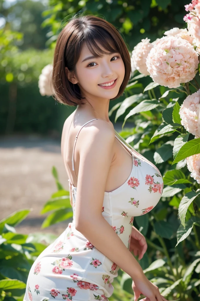 best quality, 8k, very delicate and beautiful, highly detailed face and skin texture, shiny skin, high resolution, huge tits sexy short hair japanese girl in short white floral dress at farm with big smile, sharp focus