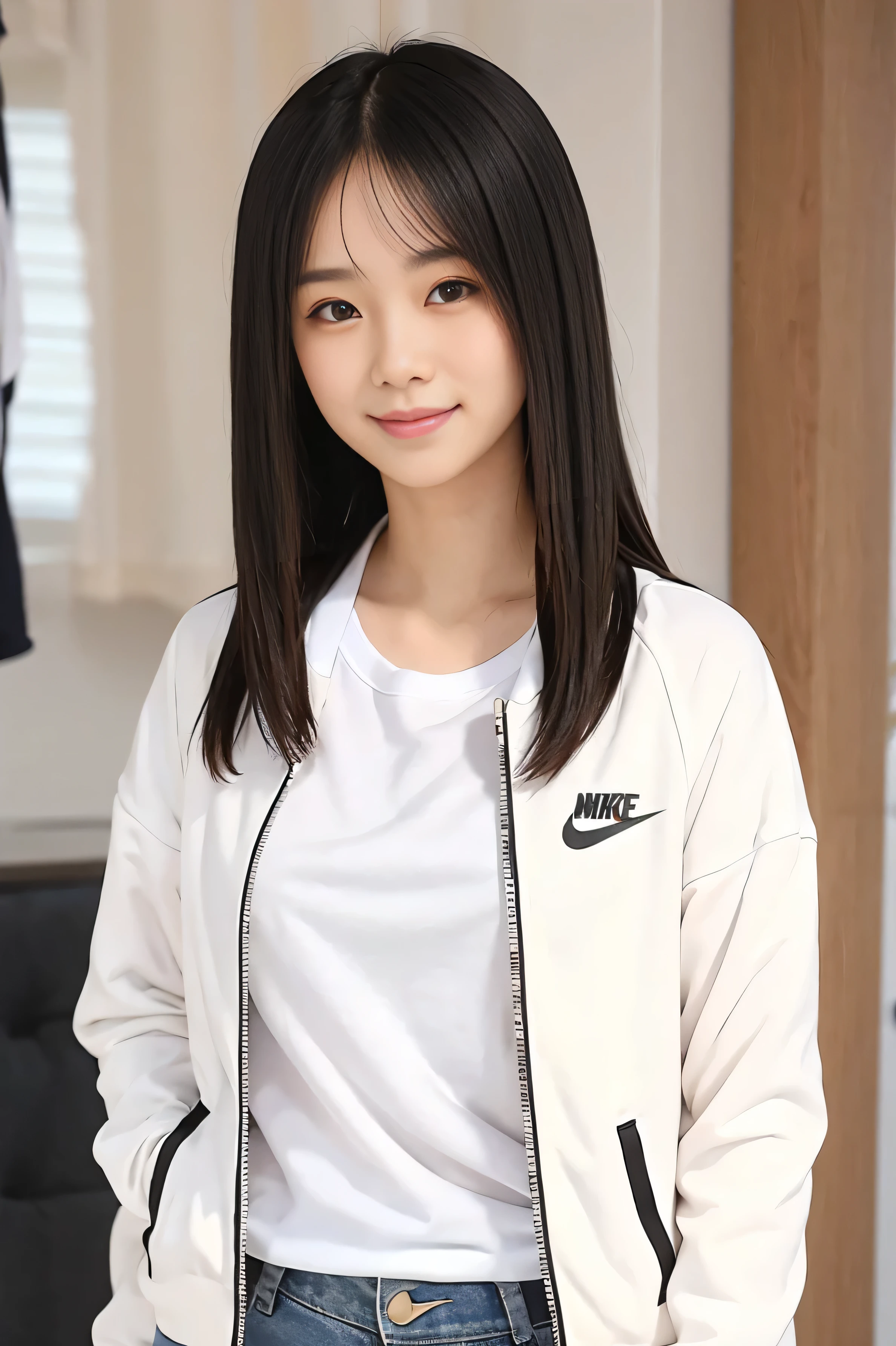 Standing, closeup, smile, straight hair, wear plain white t-shirt below the NIKE jacket