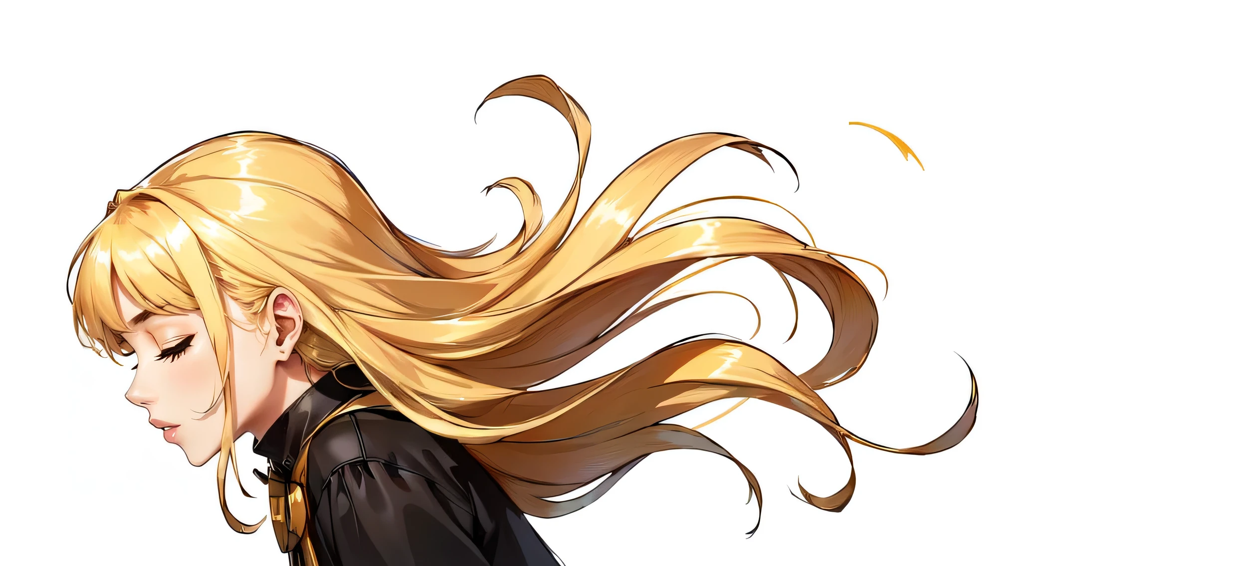 best quality: 1.0), (Super high resolution: 1.0), drawing of a little blonde girl, she is still a child, she is in profile with her head down, she has her eyes closed, she has long flowing yellow hair, her blonde hair is flying in the wind, She's on a white background
