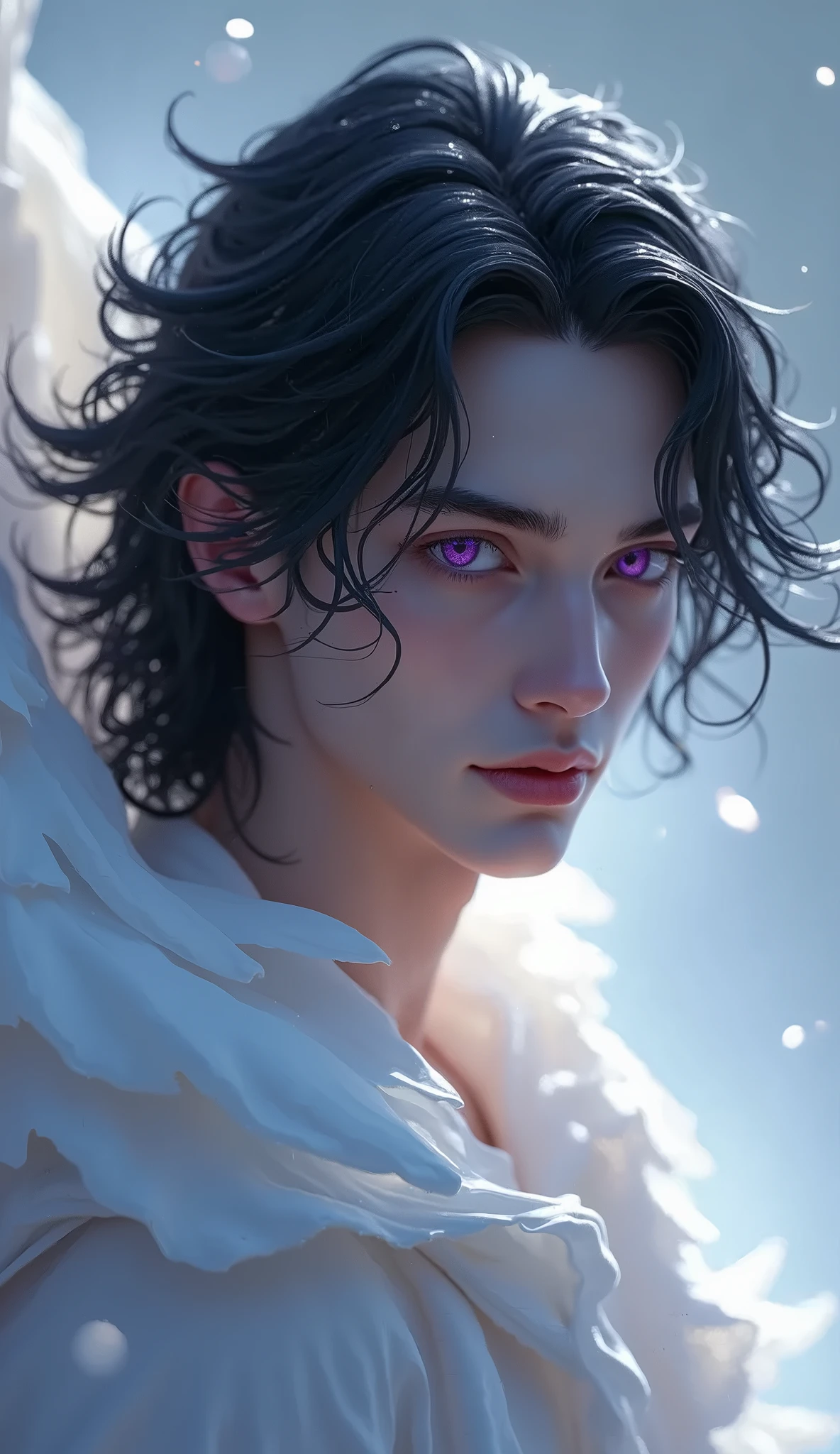 man who is 20 years, white race, masculine features, the most beautiful man, long jet black hair, hunting dark purple eyes, angel beauty, angel, eyes hunting, hot body, sexy, passionate