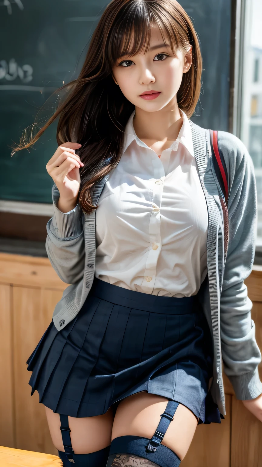 best quality, masterpiece, ultra high res, (photorealistic:1.4), RAW photo,
ultra realistic beautiful Japanese school girl,18 years old, standing, (clothes lift:1.5), looking at viewer, grin,
((show panties:1.4)), nsfw, (School Uniform:1.3), in classroom