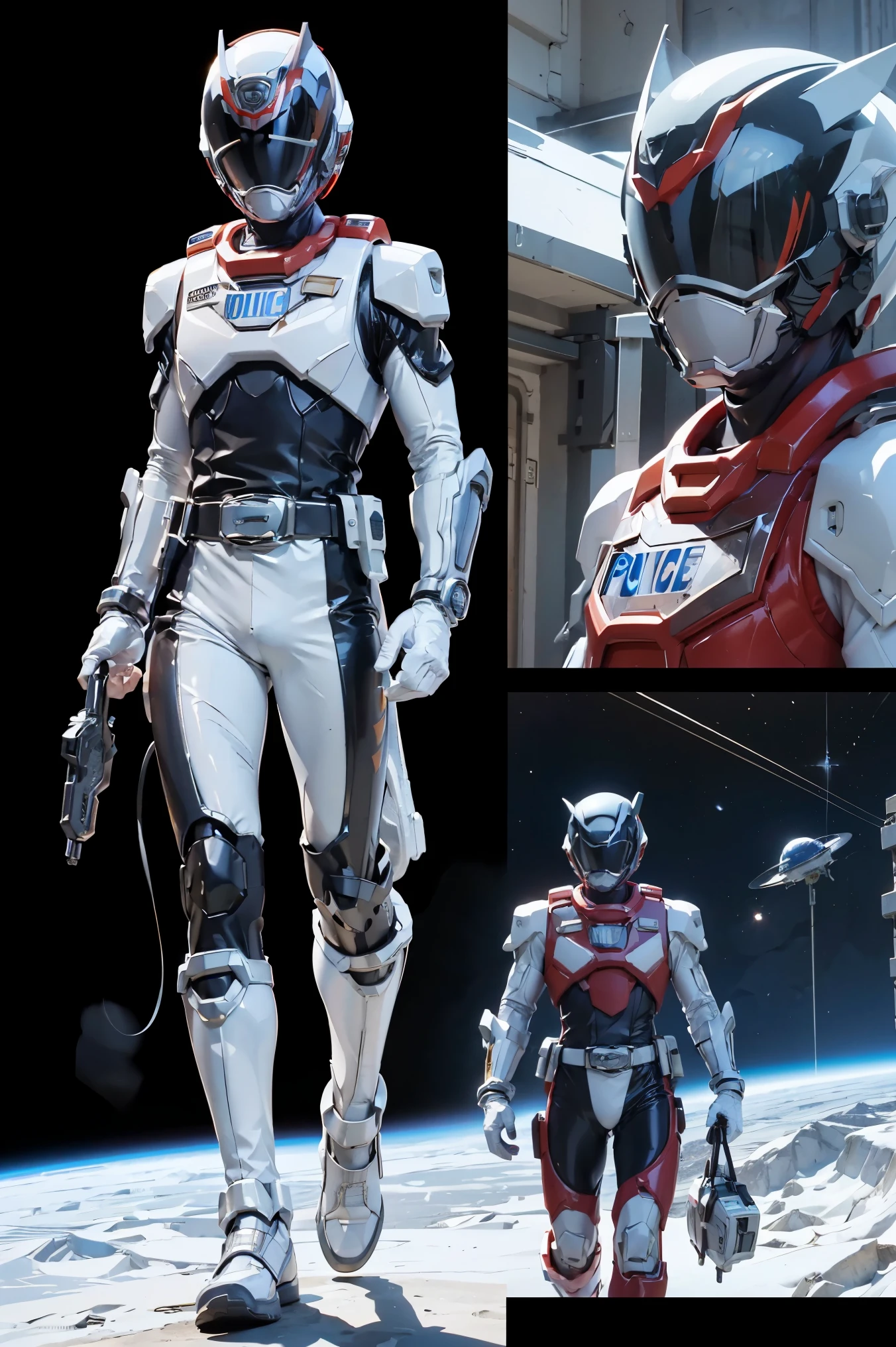 1boy, full body, Illustration, cinematic light, high resolution, best quality, ultra detailed, masterpiece, power suit, powerranger, suit, spd, (white chest plate), silver detail, (((white suit))), ((police theme:1.2)), in the spaceship, space, planets in the background,